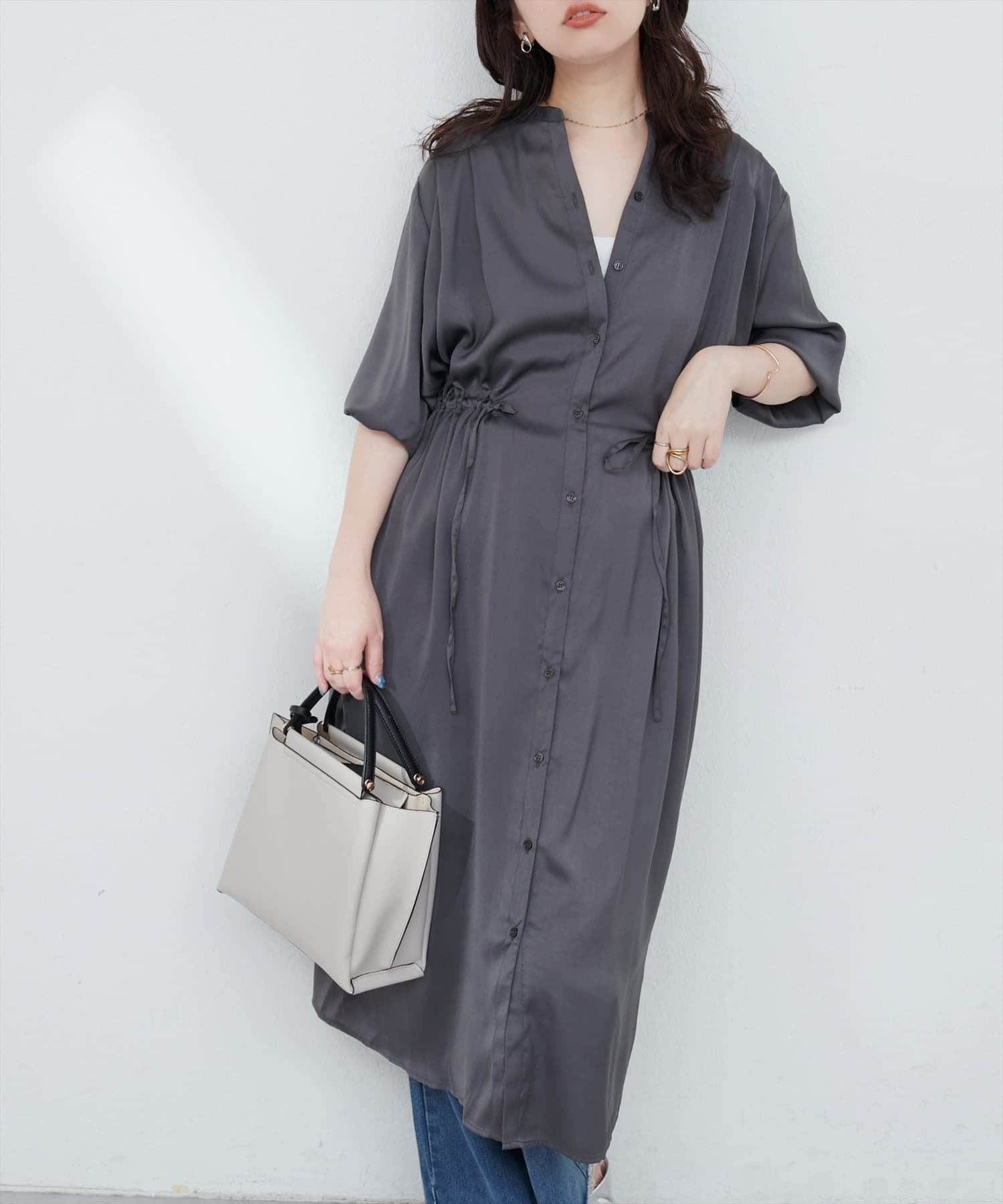 NICE CLAUP / OLIVE des OLIVE OUTLET(ナイスクラップ  / オリーブ デ オリーブ アウトレット) 【natural couture】たっぷりギャザーサテンワンピース