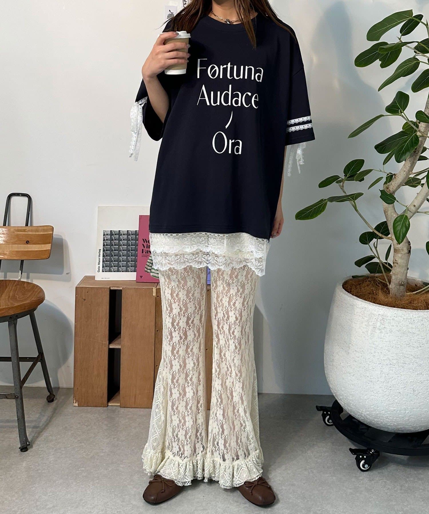 CIAOPANIC(チャオパニック) 【neutral】リボンスリーブレースレイヤードTシャツワンピ
