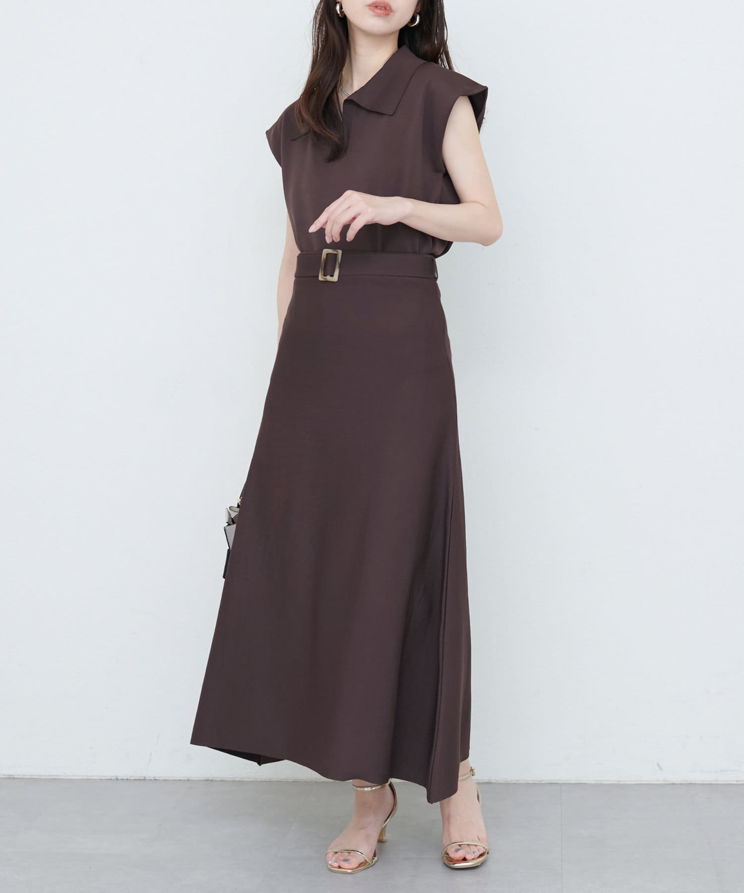 【2025SS natural couture】セットアップ対応　べっこうベルト付きニットフレアスカートWEB限定サイズ：Lサイズ■Designシンプルなデザインの中に程よいフレア感で、洗練された美し