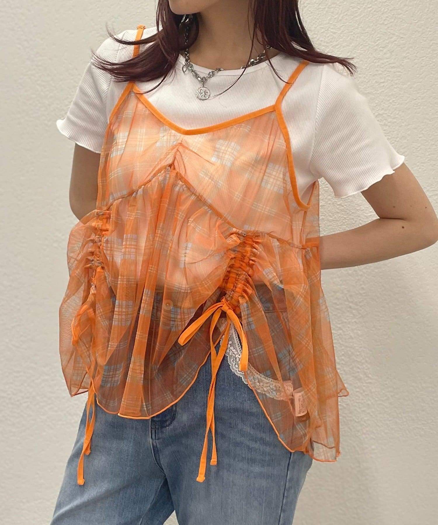 w closet(ダブルクローゼット) シアーチェックキャミ＋Teeセット