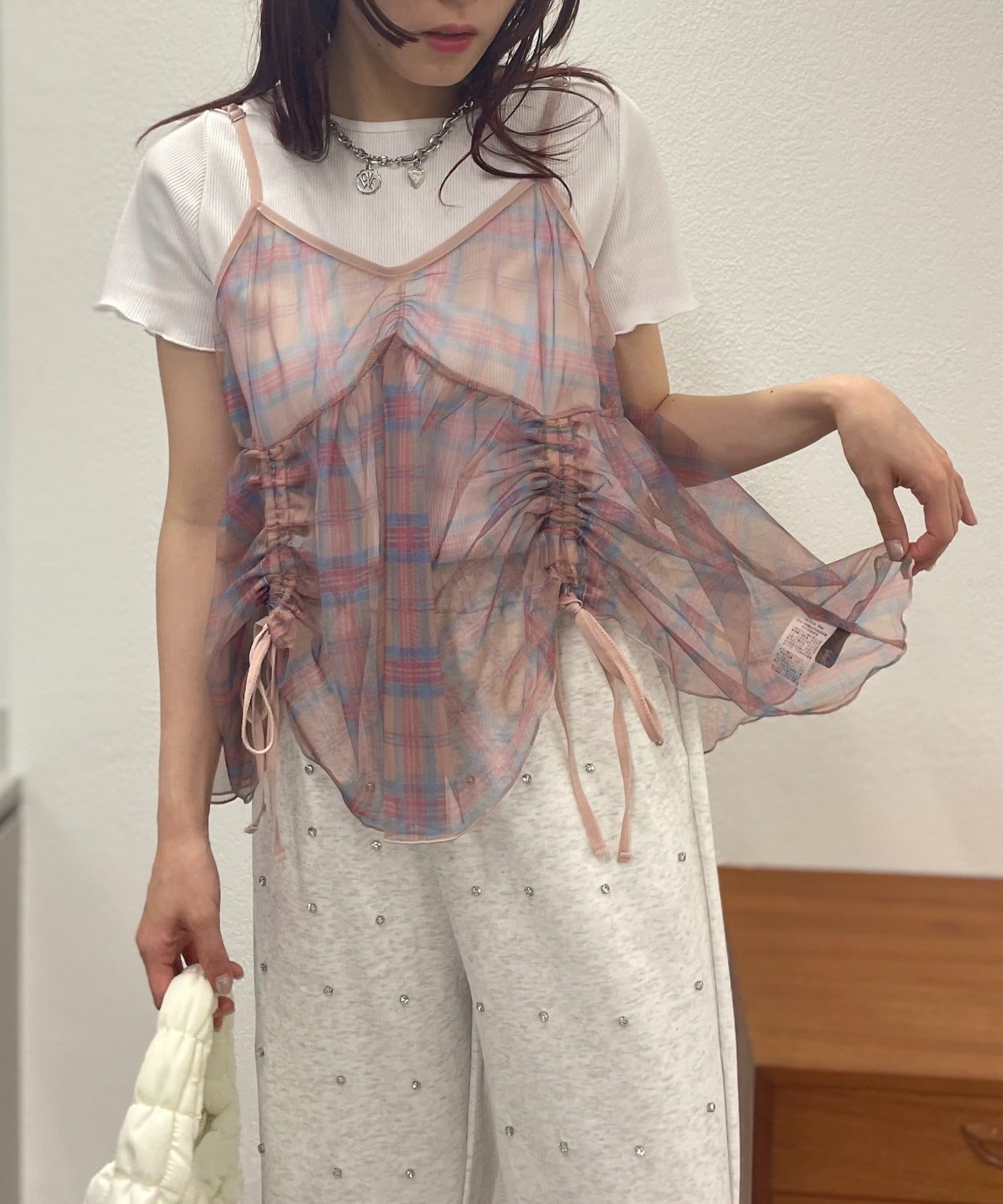 w closet(ダブルクローゼット) シアーチェックキャミ＋Teeセット