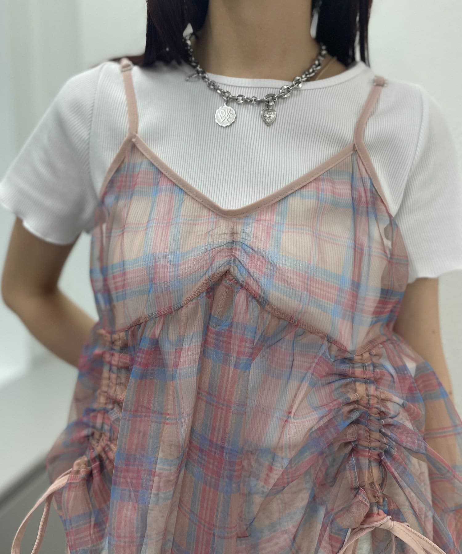 w closet(ダブルクローゼット) シアーチェックキャミ＋Teeセット