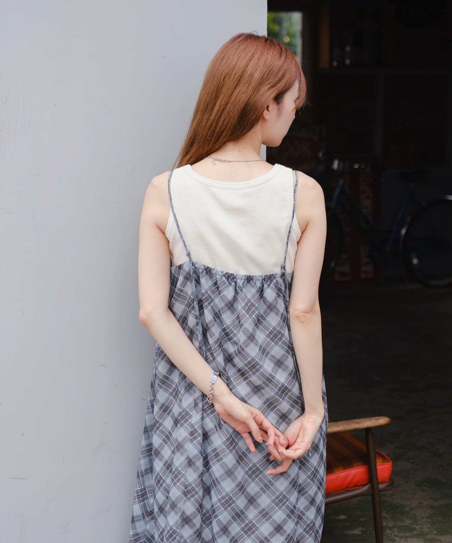 Kastane(カスタネ) 【肩紐調節可/裏地付き】シアーチェックアシメワンピース