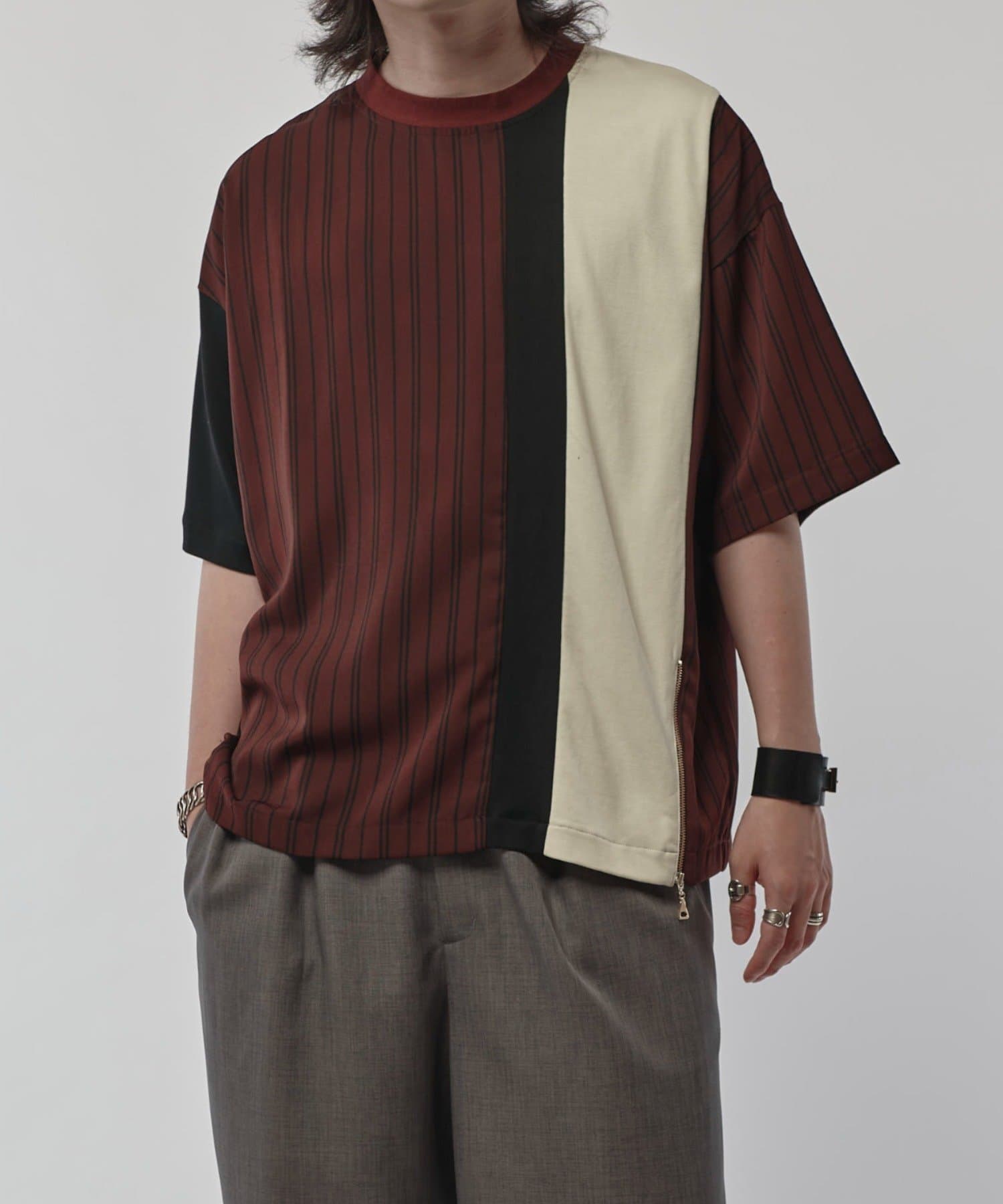 Lui's(ルイス) ストライプ切替ZIP Tシャツ