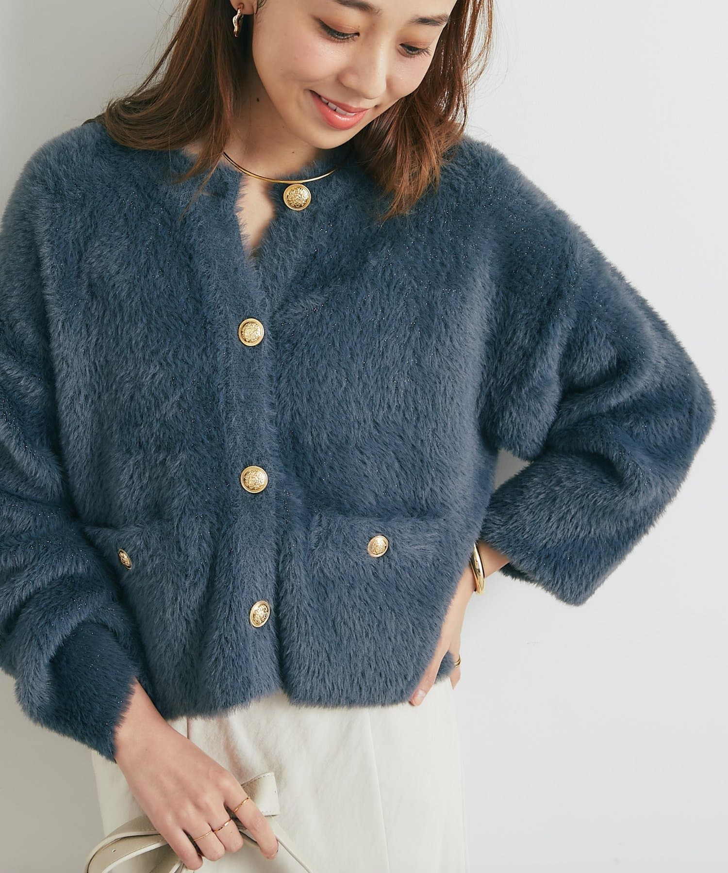 un dix cors(アンディコール) 《表情豊かな上品ニット素材》ラメシャギー金釦カーデ