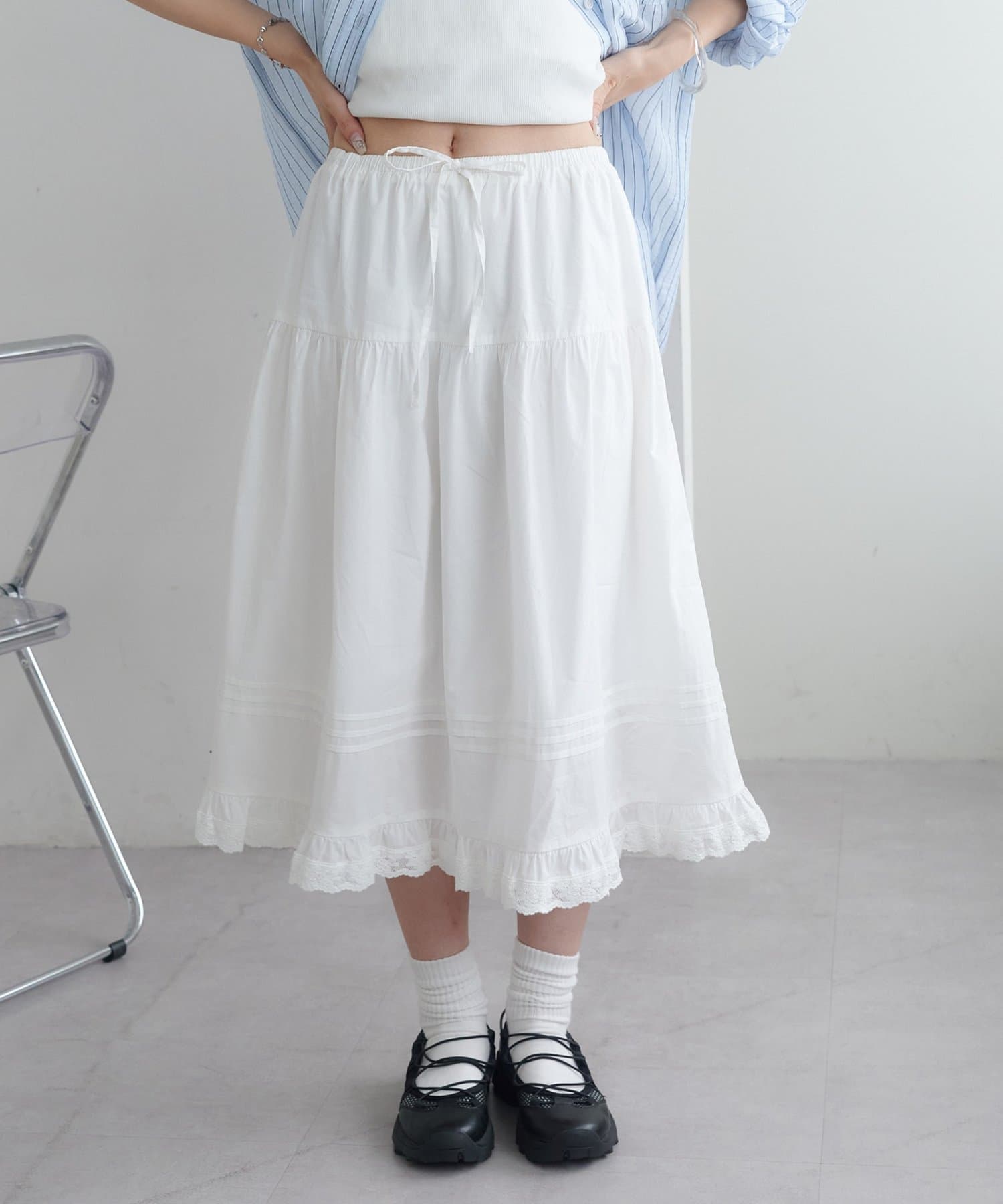 DISCOAT 【umm.】ピンタックレースフレアスカート セール】《2サイズ展開!》【umm.】ピンタックレースフレア