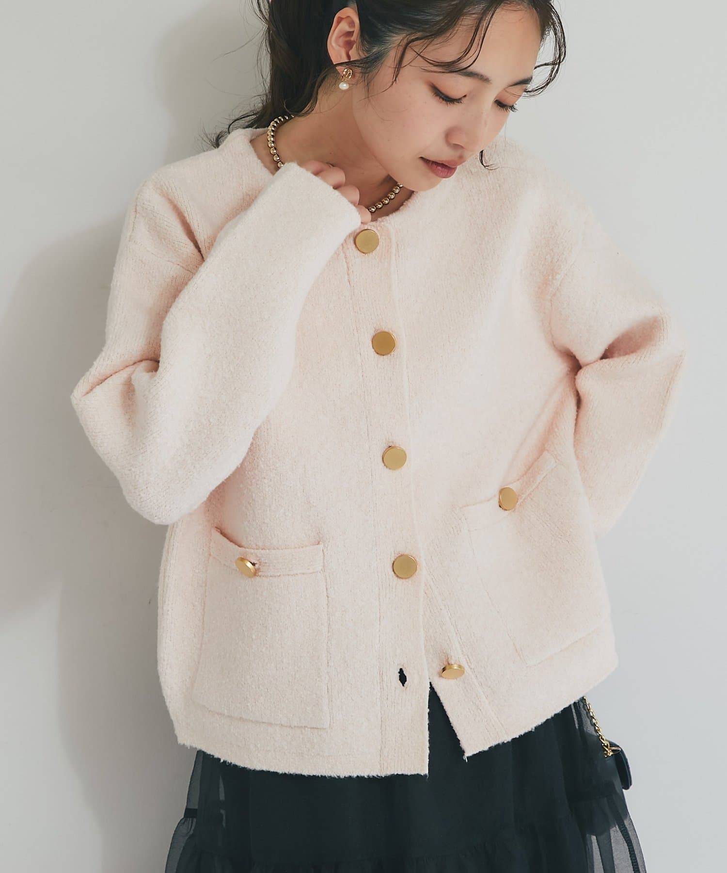 La boutique BonBon(ラブティックボンボン) 【程よいカジュアル感】ブークレ接結ニットジャケットカーディガン