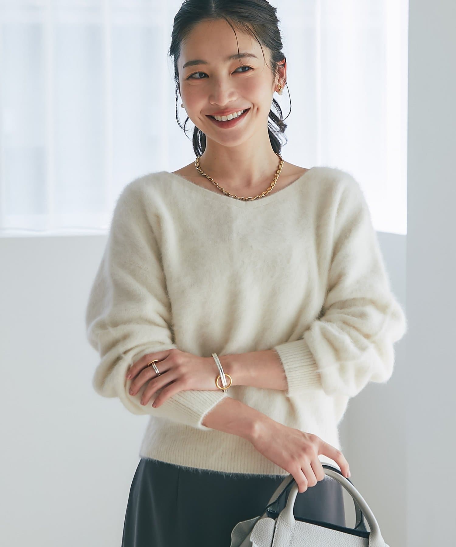 ラブティックボンボン ヘアリーウールカシミヤスリットショルダー ニット　ミント 最強モテ】ヘアリーウールカシミヤ混スリットショルダーニット