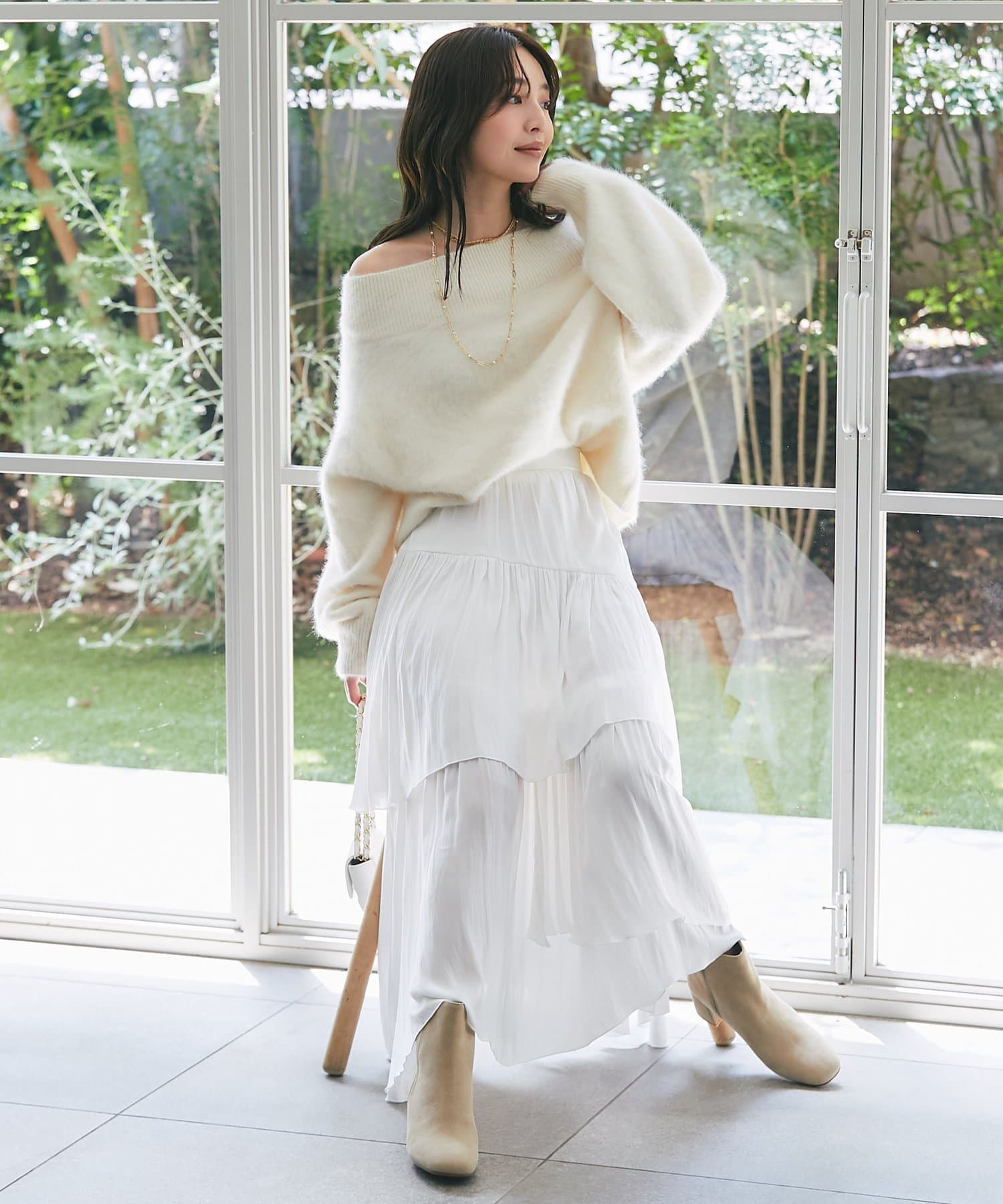 ラブティックボンボン ヘアリーウールカシミヤ混スリットショルダニット 最強モテ】ヘアリーウールカシミヤ混スリットショルダーニット