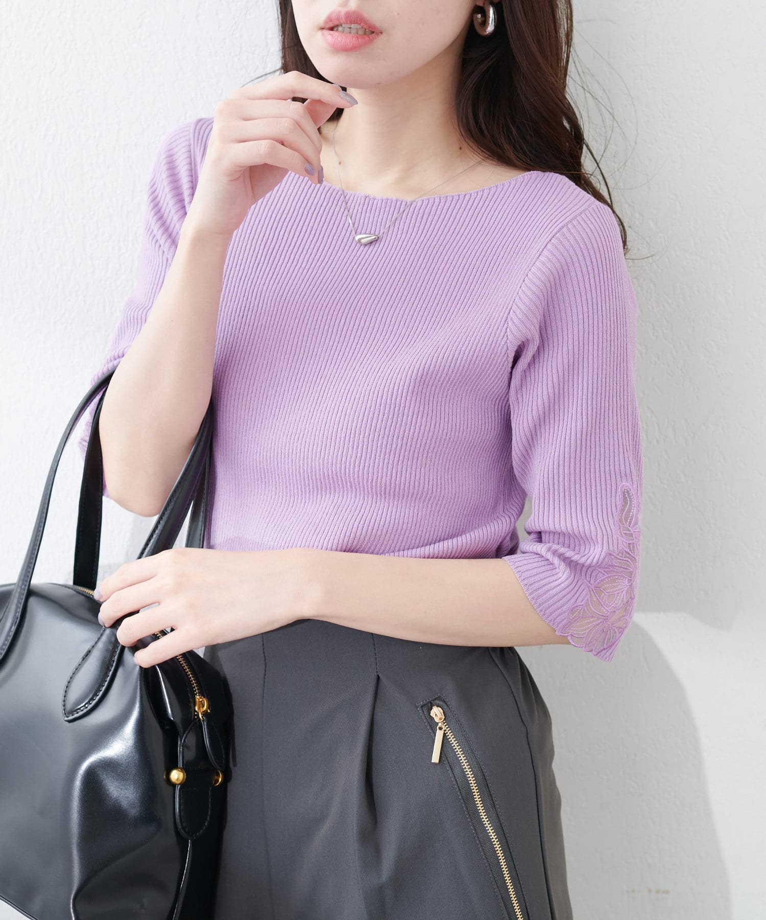 NICE CLAUP / OLIVE des OLIVE OUTLET(ナイスクラップ  / オリーブ デ オリーブ アウトレット) 【natural couture】袖口フラワー刺繍リブKT