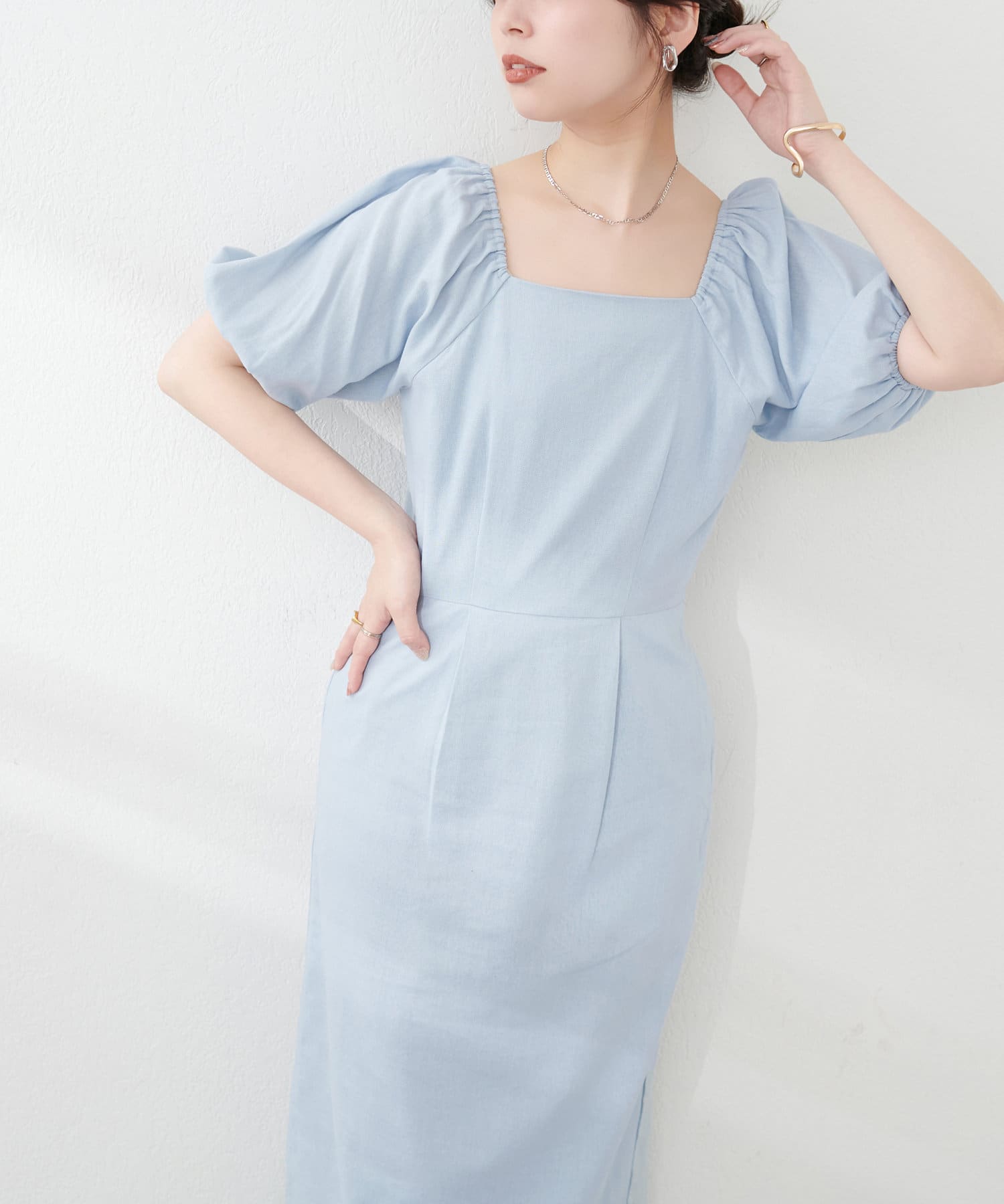 NICE CLAUP / OLIVE des OLIVE OUTLET(ナイスクラップ  / オリーブ デ オリーブ アウトレット) 【natural couture】綿麻パフ袖ワンピース
