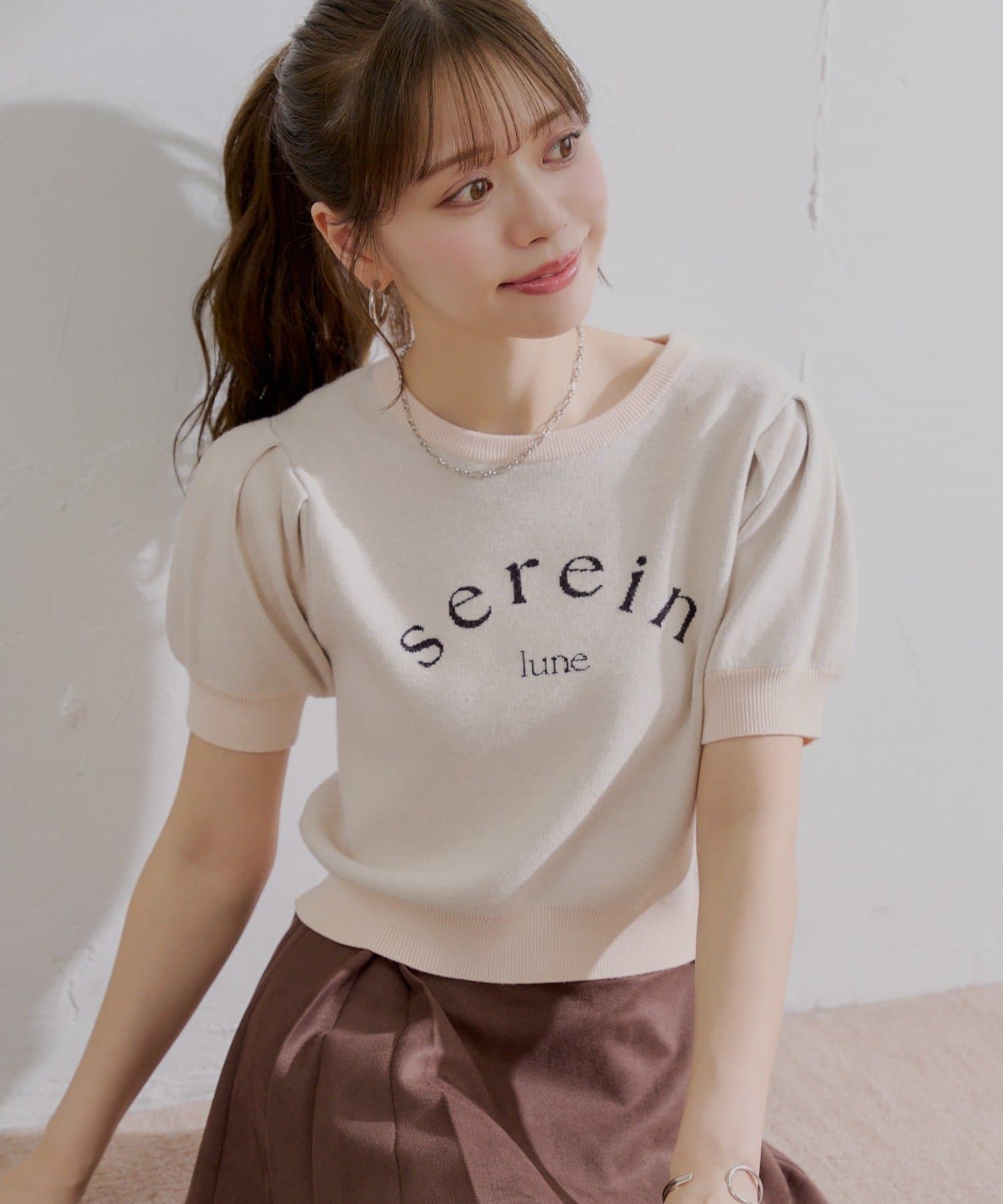 Chico(チコ) 5分袖ジャガードパフニット