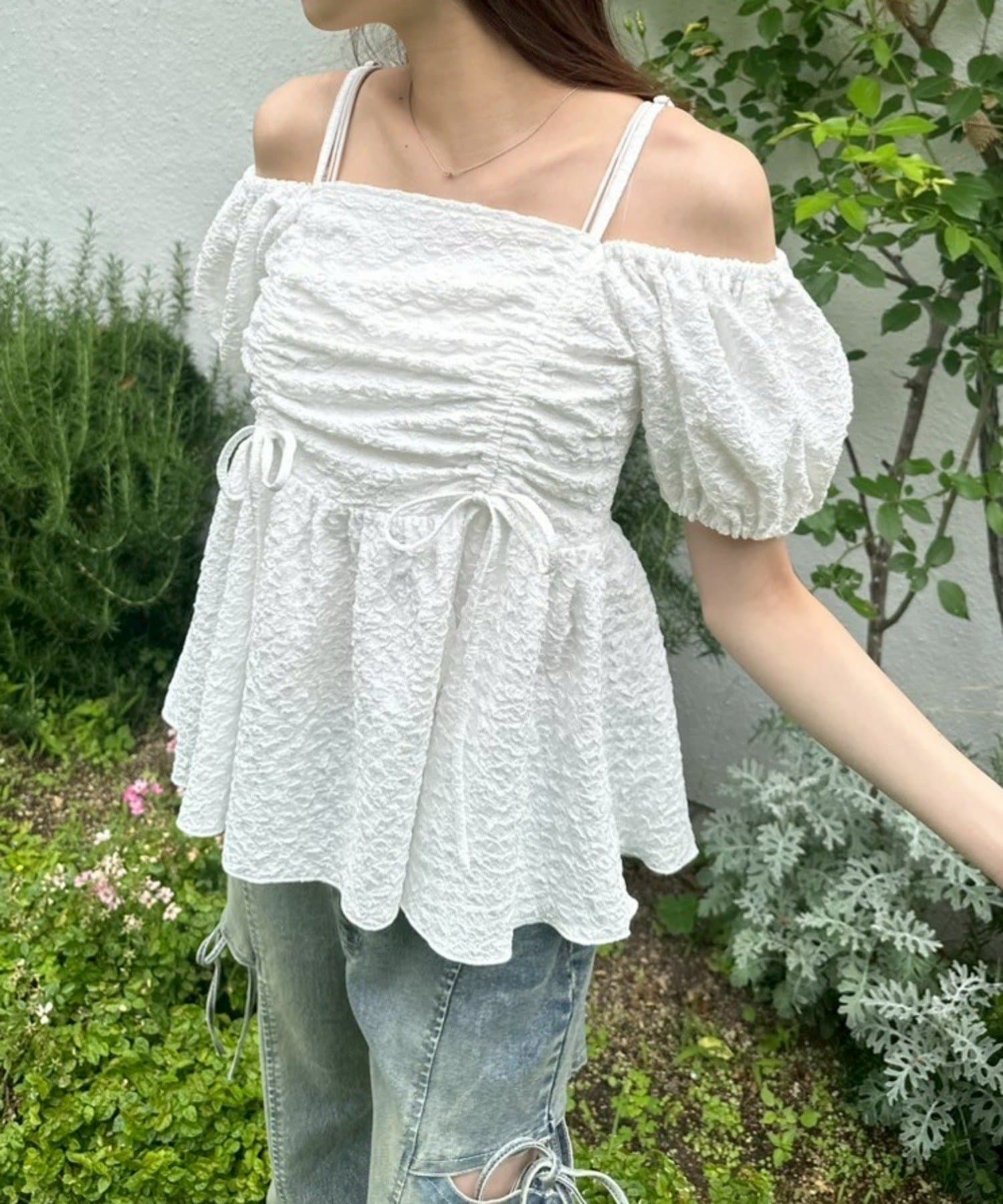 Olive des Olive ドロストオフショルチュニック サックスブルー ドロストオフショルチュニック（シャツ/ブラウス）｜OLIVE des