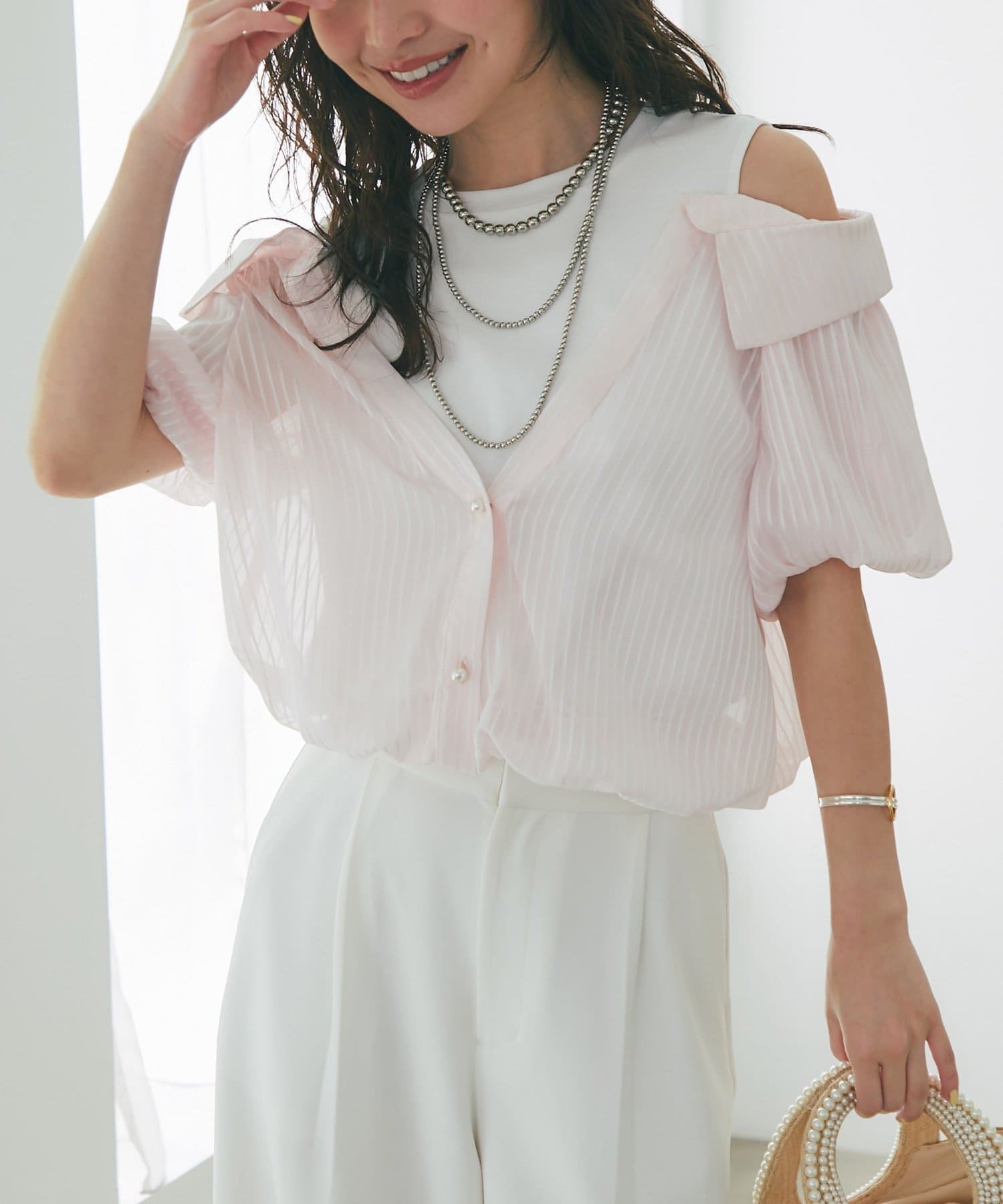 La boutique BonBon(ラブティックボンボン) 【女子力UP！】シアーストライプシャツドッキングカットソー