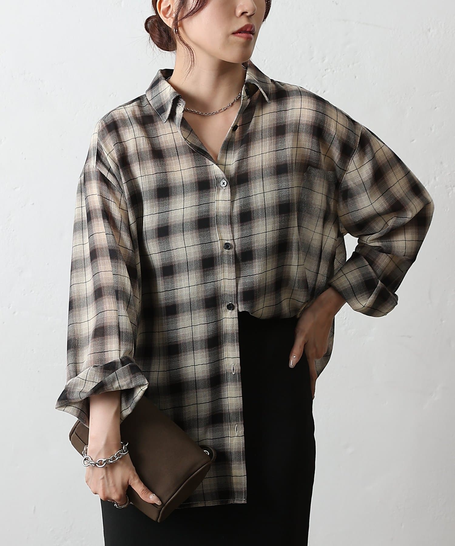 spic&span購入　シアーチェックブラウン　オーバーシャツ spic&span購入 シアーチェックブラウン オーバーシャツ