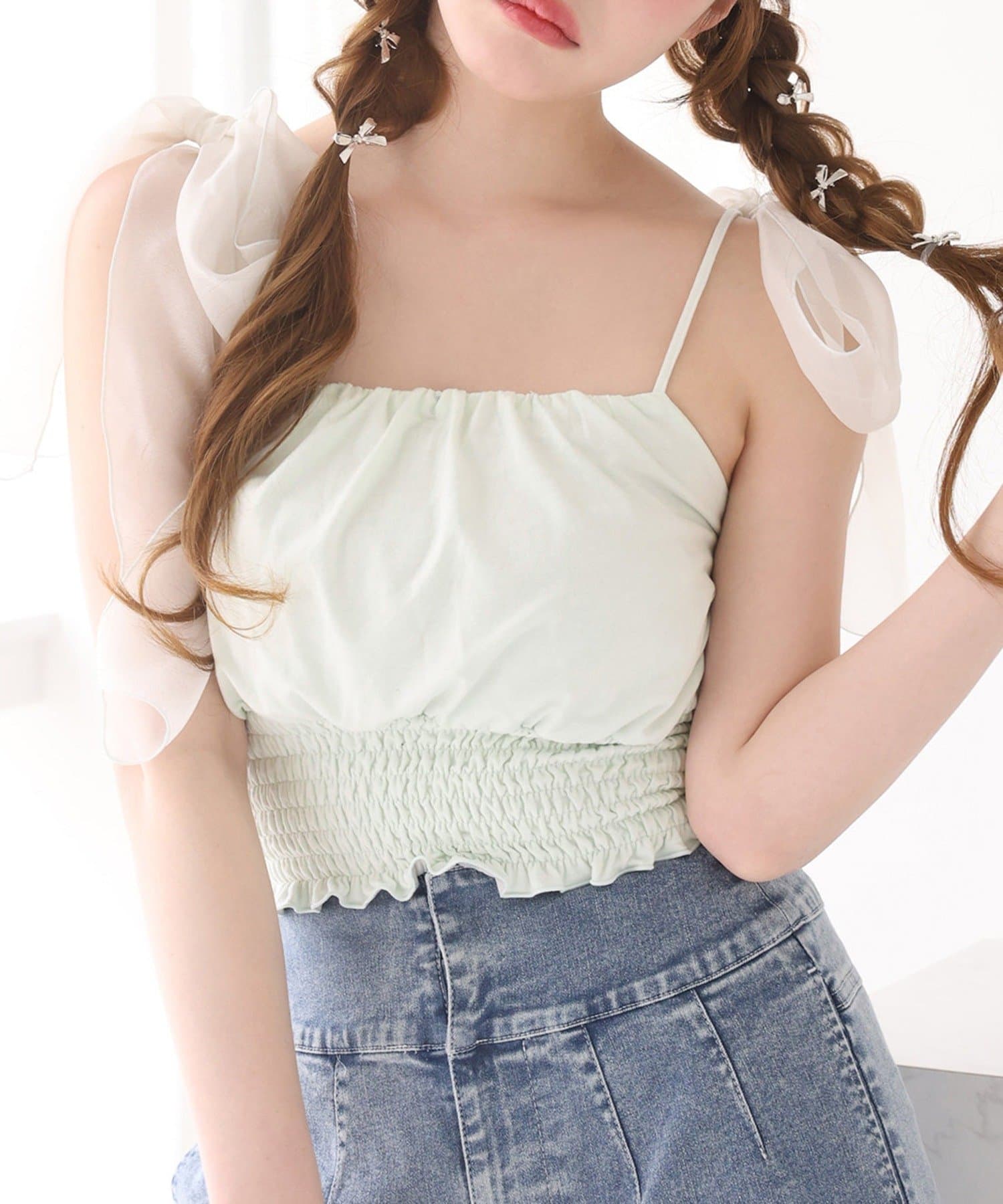 ~NICECLAUP 2025 Early　Summer Collection~大きめ肩リボンがポイントのキャミソールウエストはシャーリングデザインになっているので、スタイルアップ効果も◎コンパクトな