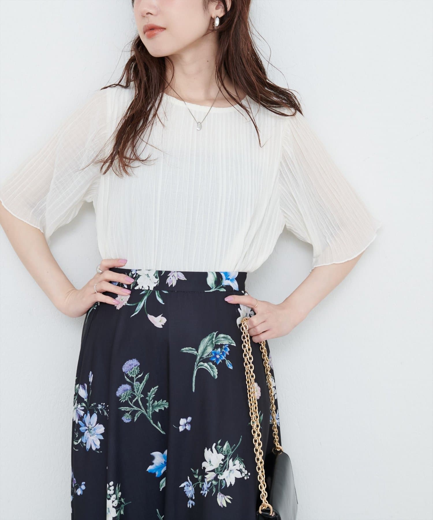 2WAYバイカラープチハイネック半袖シフォンブラウス 女性