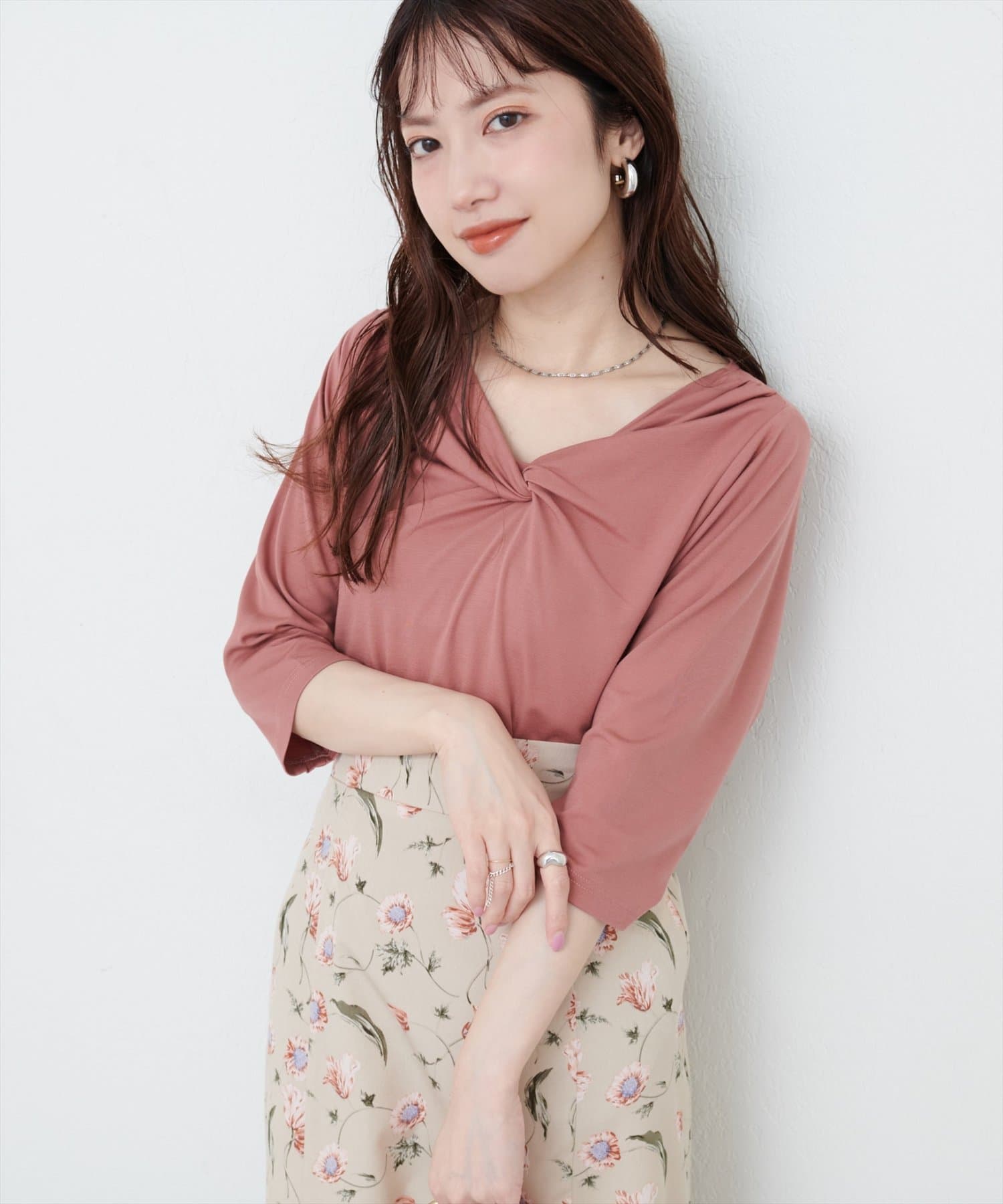 natural couture(ナチュラルクチュール) 【sherbet line】接触冷感 選べる袖丈ねじりTシャツ