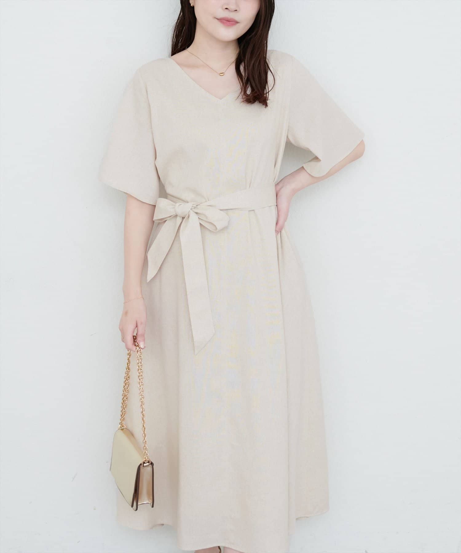 natural couture(ナチュラルクチュール) 選べる袖丈前後2WAYベルト付きワンピース