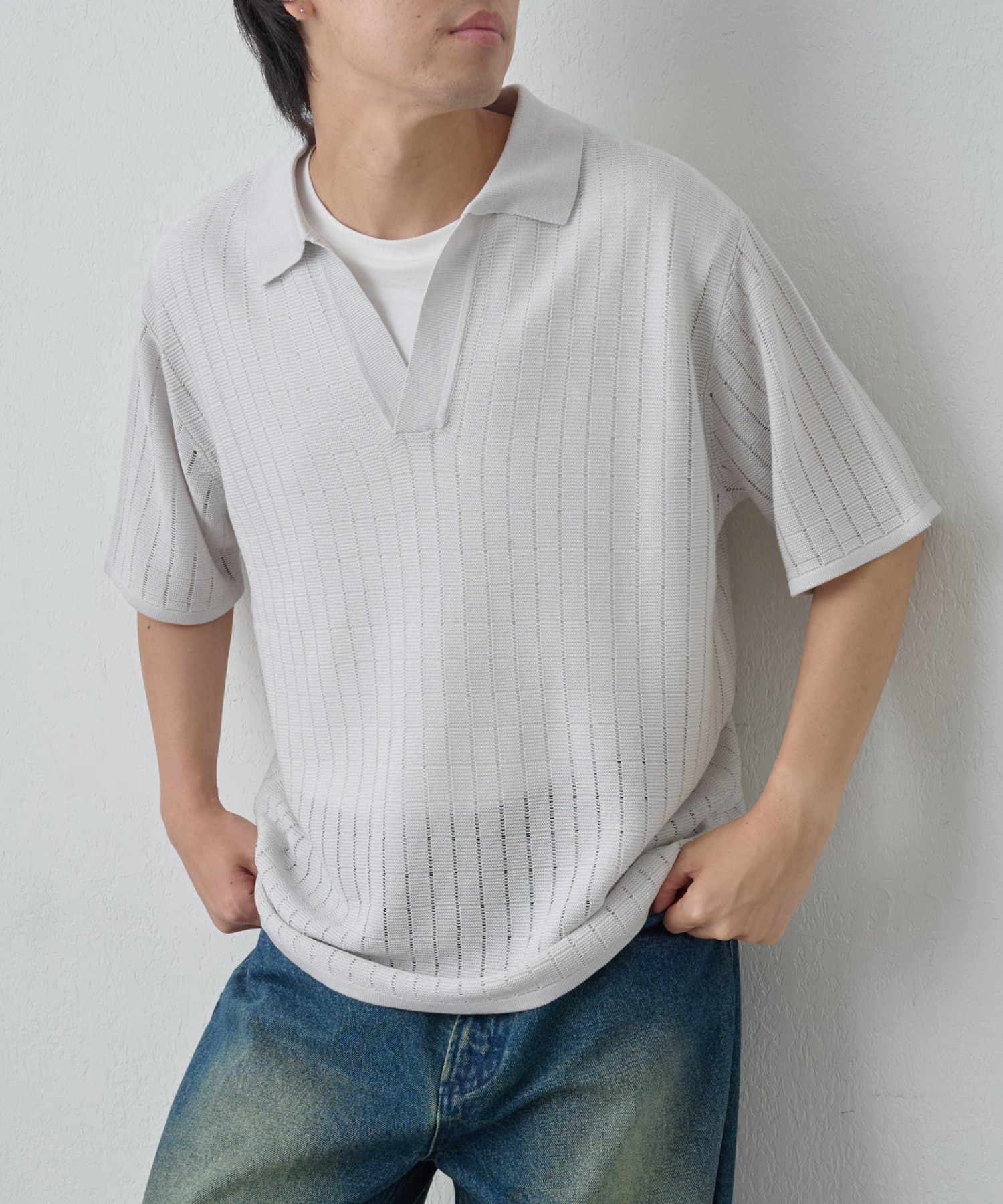 COLONY 2139(コロニー トゥーワンスリーナイン) 透かし編み半袖スキッパーニット