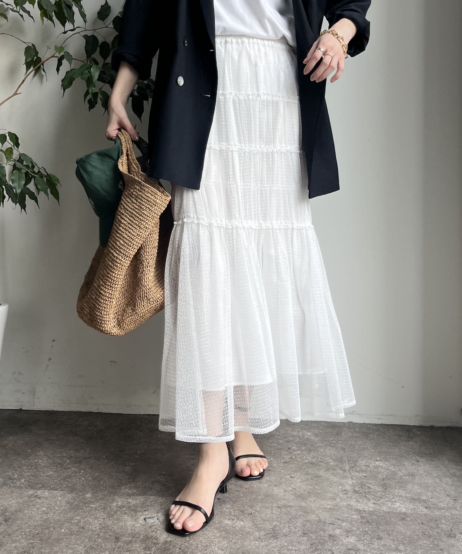 OUTLET(アウトレット) 【DouDou】レースシャーリングティアードスカート