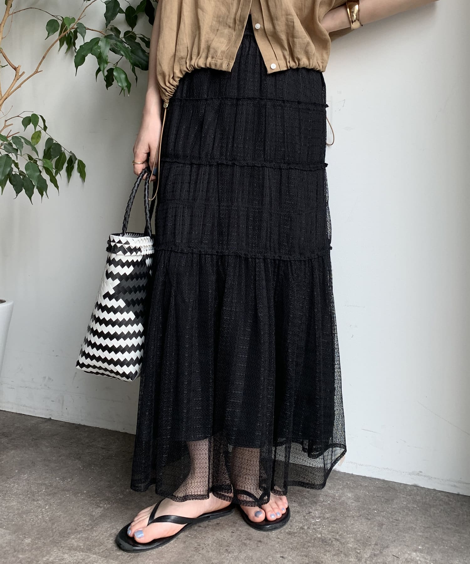 OUTLET(アウトレット) 【DouDou】レースシャーリングティアードスカート