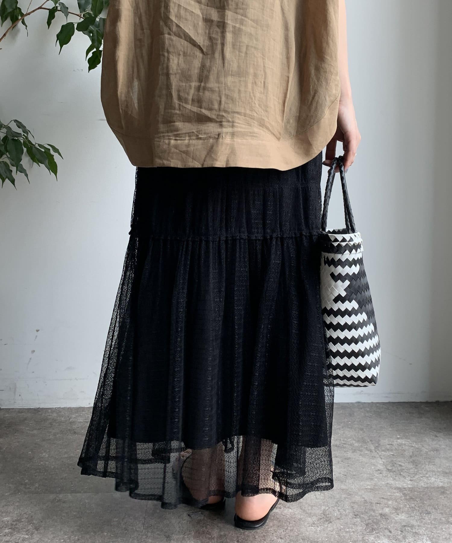 OUTLET(アウトレット) 【DouDou】レースシャーリングティアードスカート