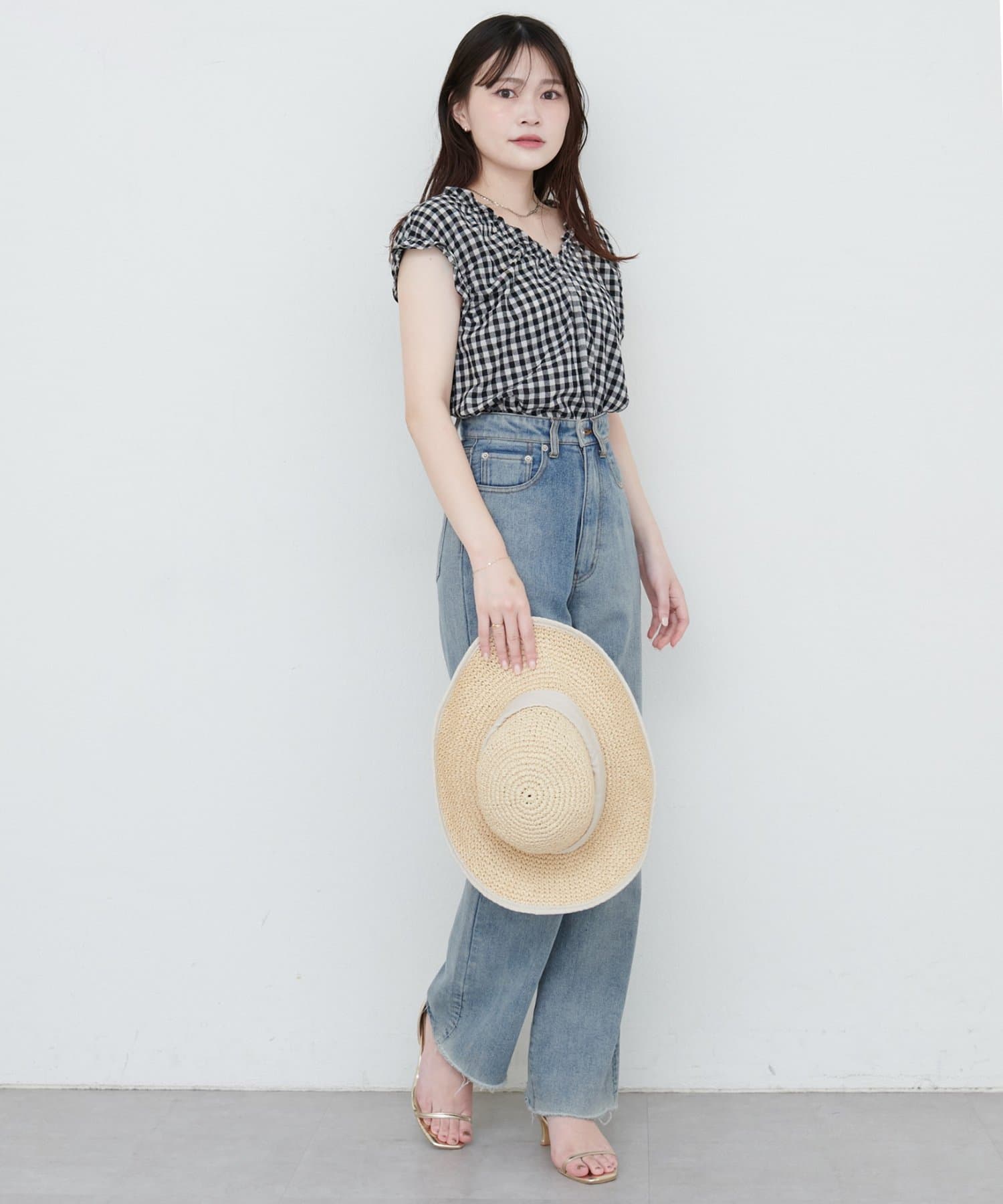 natural couture(ナチュラルクチュール) 綿麻ギャザーフリルブラウス
