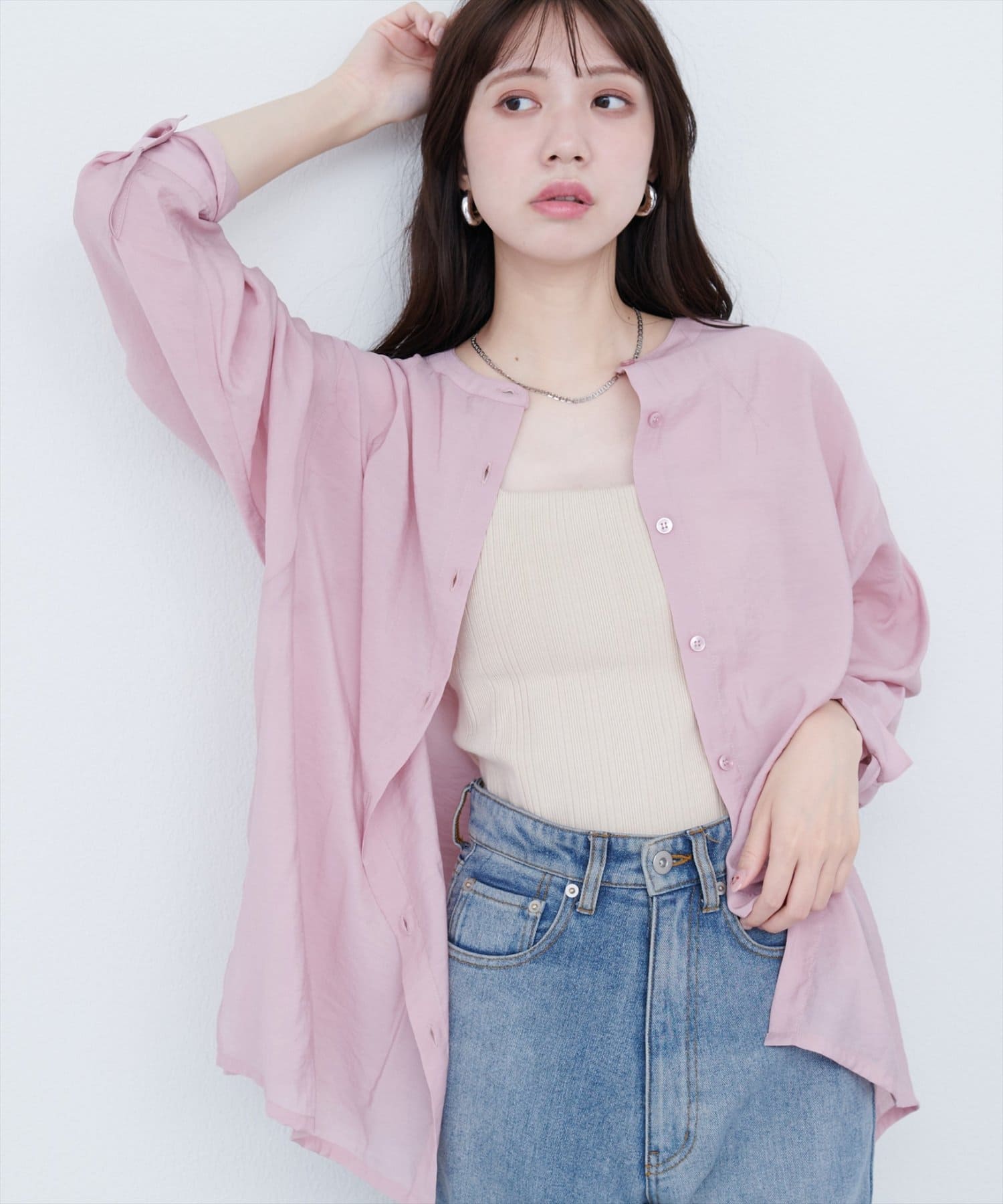 natural couture(ナチュラルクチュール) 【WEB限定】バンドカラーサイドスリットシアーシャツ