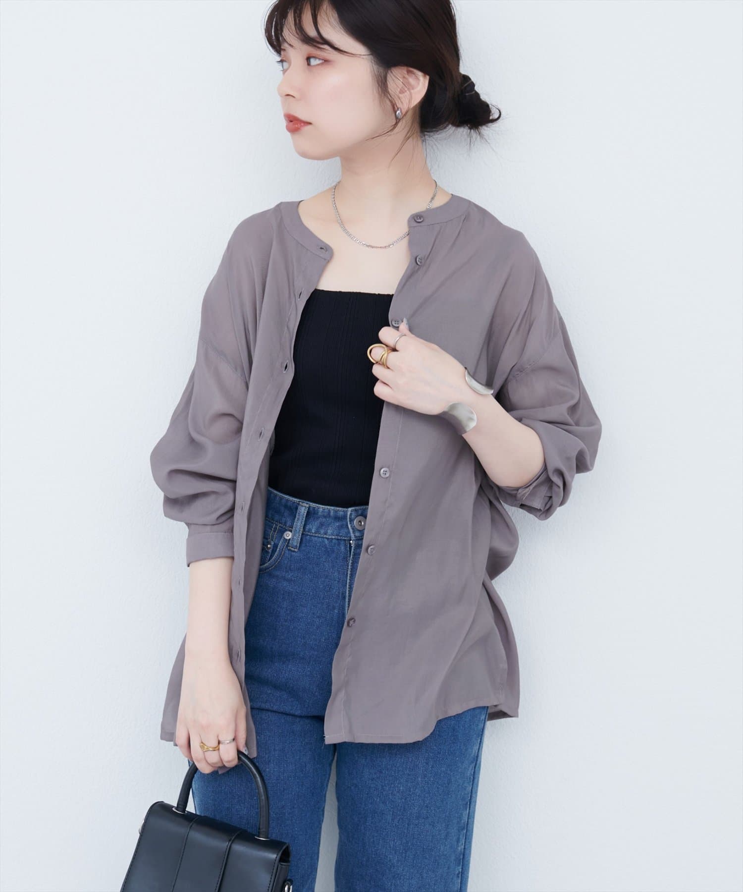 natural couture(ナチュラルクチュール) 【WEB限定】バンドカラーサイドスリットシアーシャツ