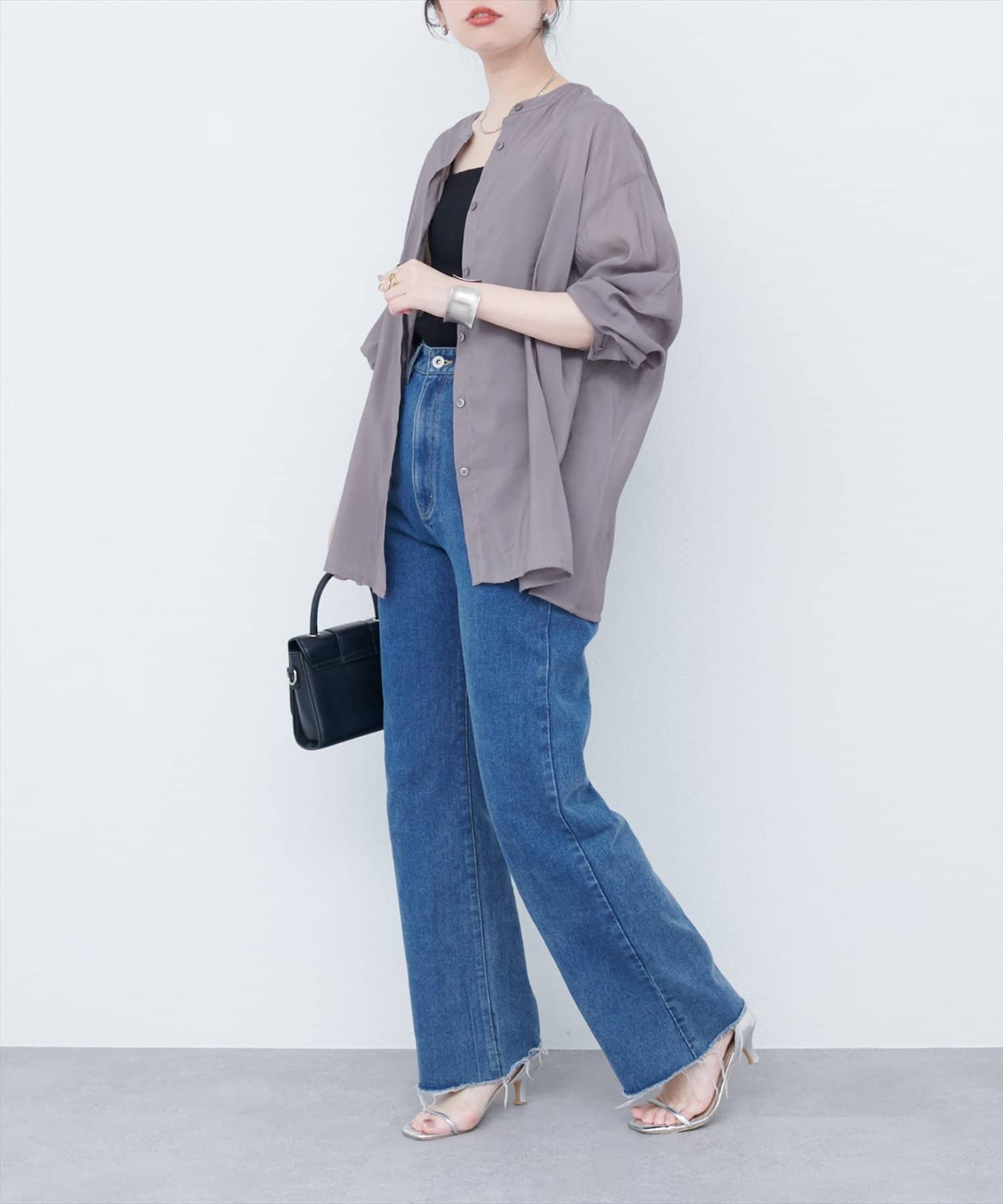natural couture(ナチュラルクチュール) 【WEB限定】バンドカラーサイドスリットシアーシャツ