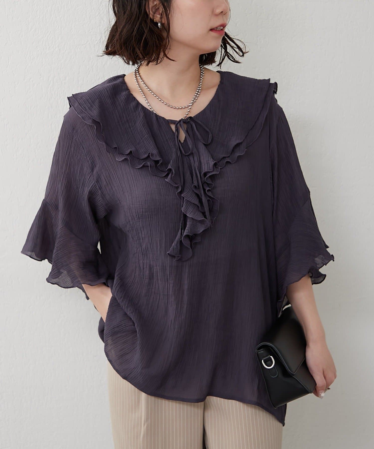 NICE CLAUP / OLIVE des OLIVE OUTLET(ナイスクラップ  / オリーブ デ オリーブ アウトレット) 1枚で着映える【RMAF】ラッフル５分袖ブラウス