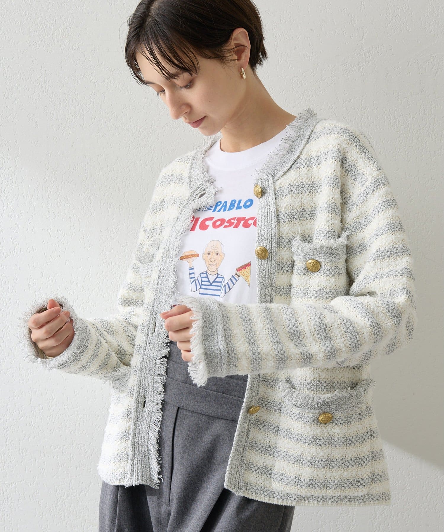 定価3.5万 Whim Gazette モヘヤ混　ツイードジャケット 白 金釦 ツィードニットジャケット | Whim Gazette(ウィム ガゼット