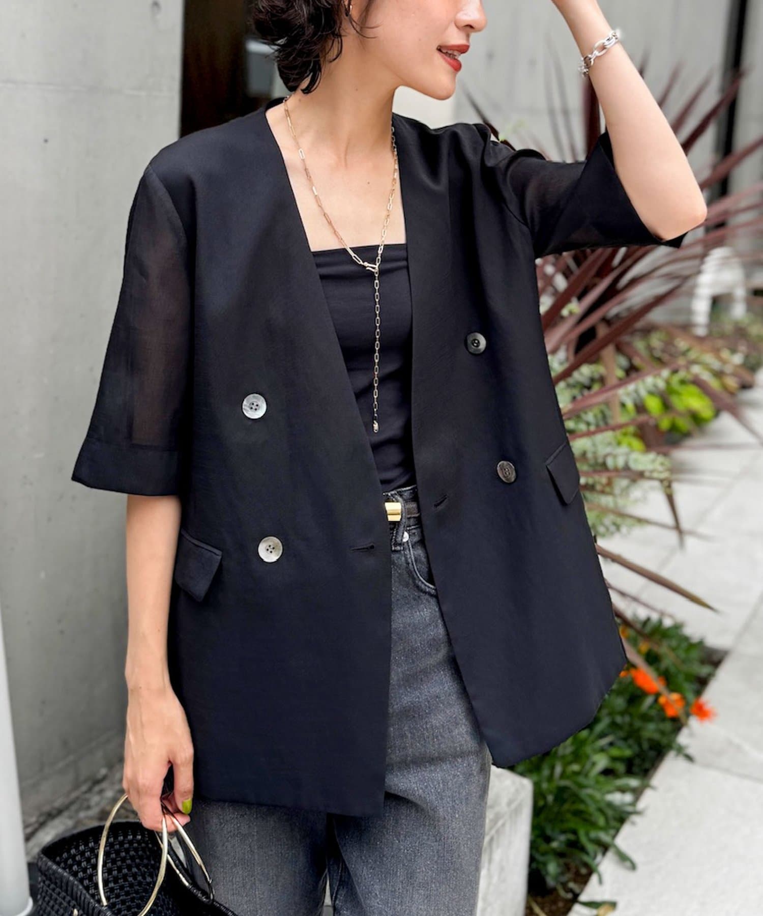 ◇25SS◇NOLLEY'S◆Point・スラブ糸のようなかすれた表情が特徴の、リネン風シアー素材を使用した5分袖ジャケット・麻のようなさらっとしたタッチでシワになりにくいイージーケア素材・