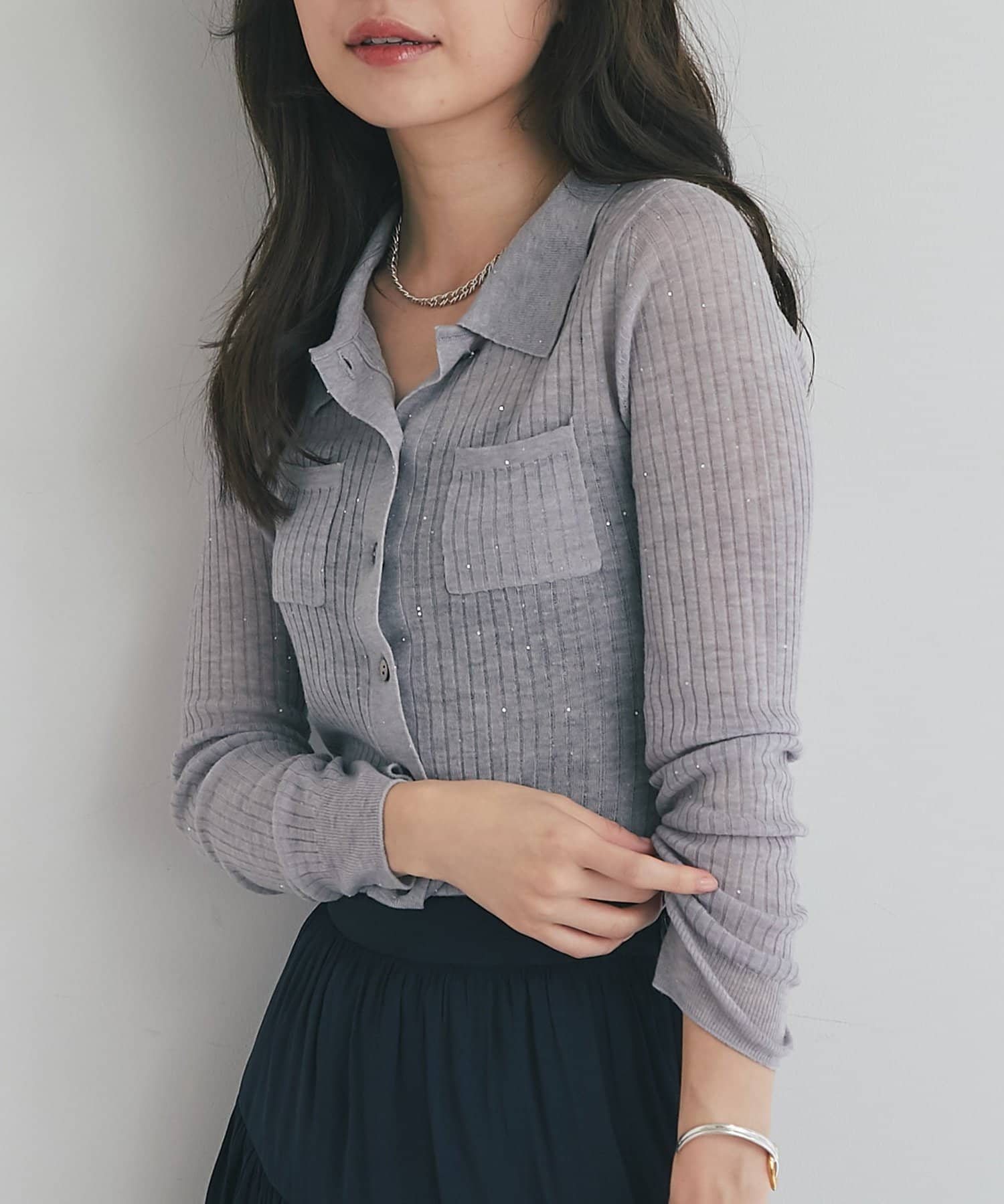La boutique BonBon(ラブティックボンボン) 【大人っぽシアーニット】シアースパンコールポロリブニット