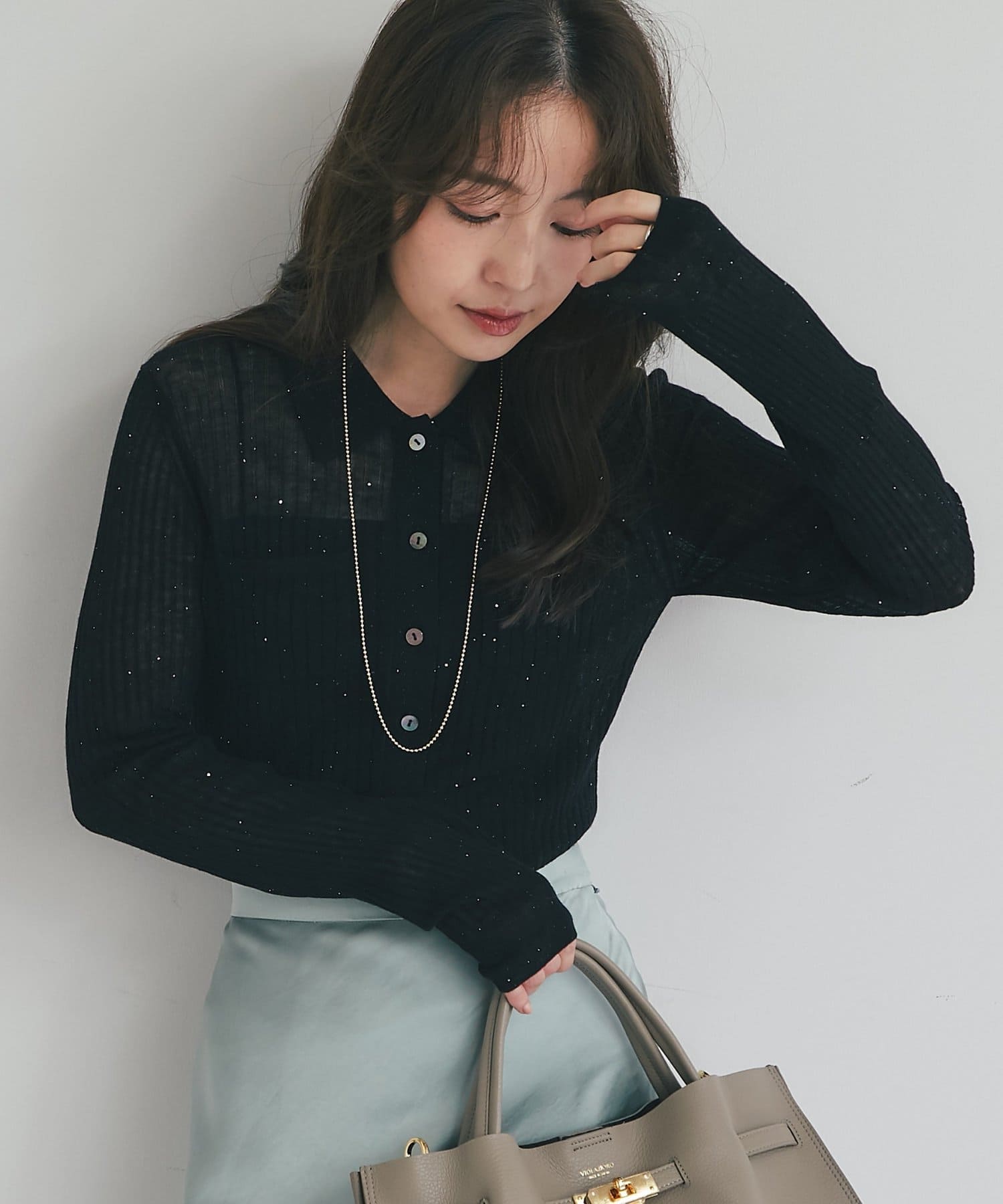 La boutique BonBon(ラブティックボンボン) 【大人っぽシアーニット】シアースパンコールポロリブニット
