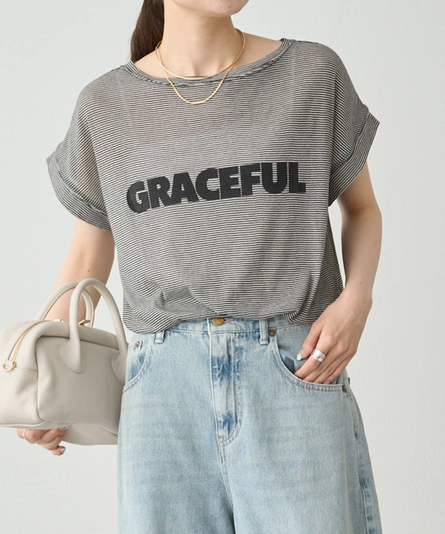 PUAL CE CIN(ピュアルセシン) ミジンボーダーロゴプリントTシャツ