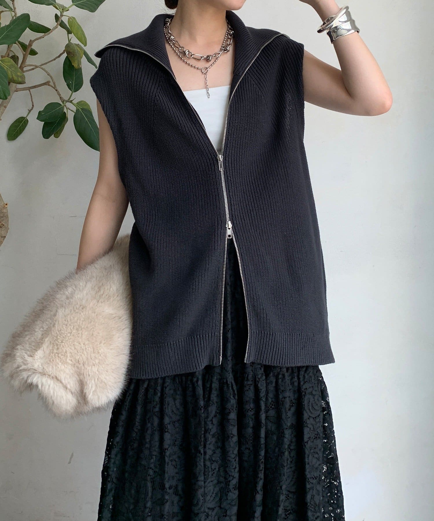 DOUDOU(ドゥドゥ) 【WEB限定】畦編みジップニットベスト
