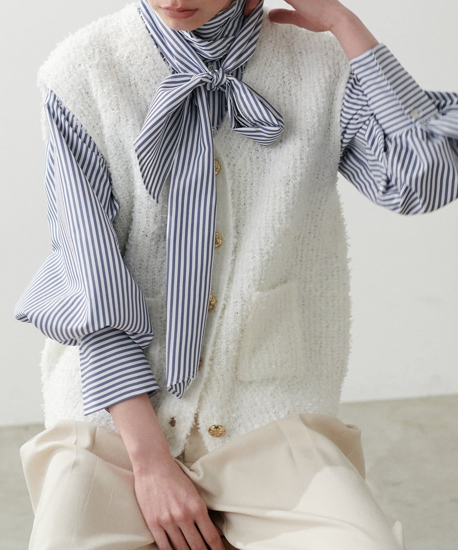 NICE CLAUP / OLIVE des OLIVE OUTLET(ナイスクラップ  / オリーブ デ オリーブ アウトレット) 【LARUTA】ツイードニットＶ開きジレ