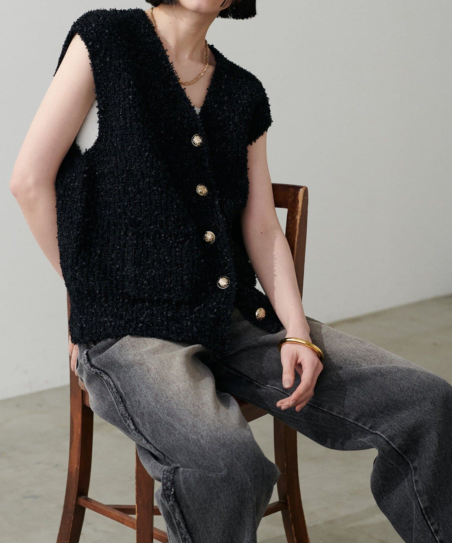 NICE CLAUP / OLIVE des OLIVE OUTLET(ナイスクラップ  / オリーブ デ オリーブ アウトレット) 【LARUTA】ツイードニットＶ開きジレ