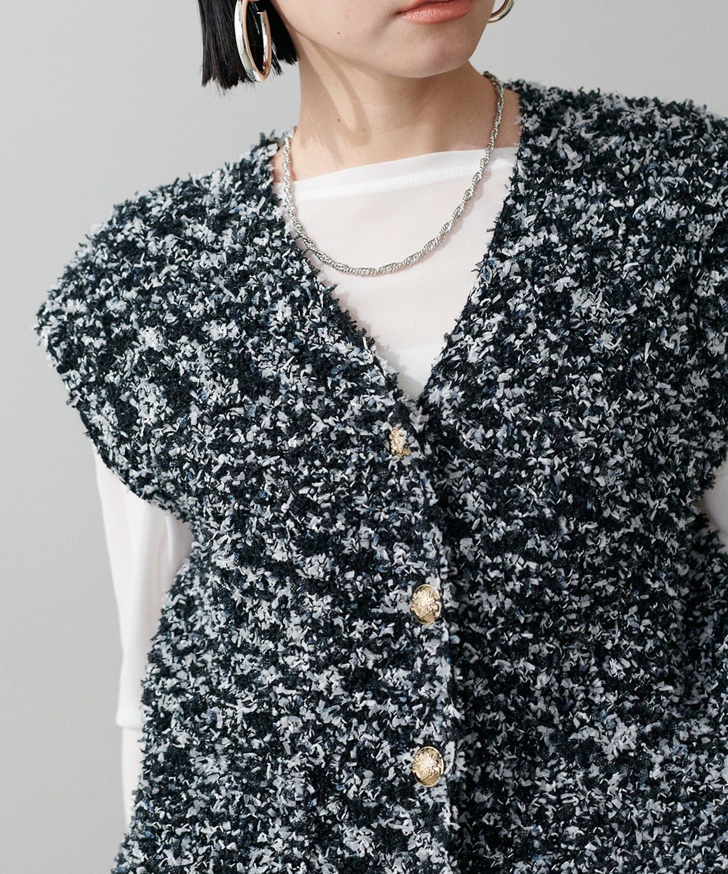 NICE CLAUP / OLIVE des OLIVE OUTLET(ナイスクラップ  / オリーブ デ オリーブ アウトレット) 【LARUTA】ツイードニットＶ開きジレ