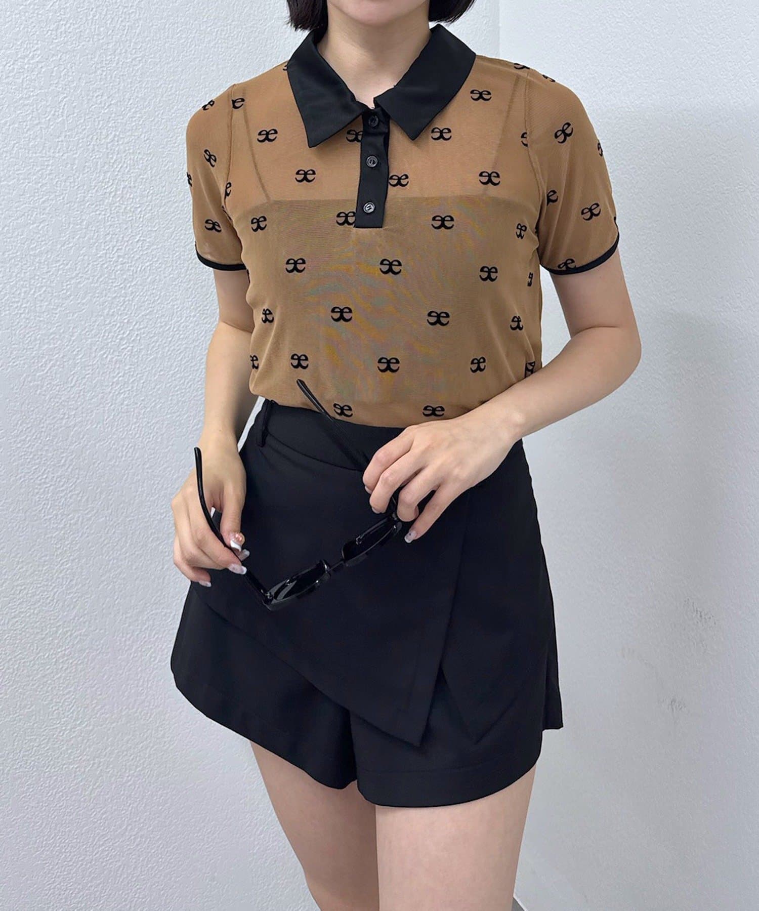 tシャツ 「mline」プリント チュールポロT レディース M-LINE tシャツ 「mline」プリント チュールポロT レディース