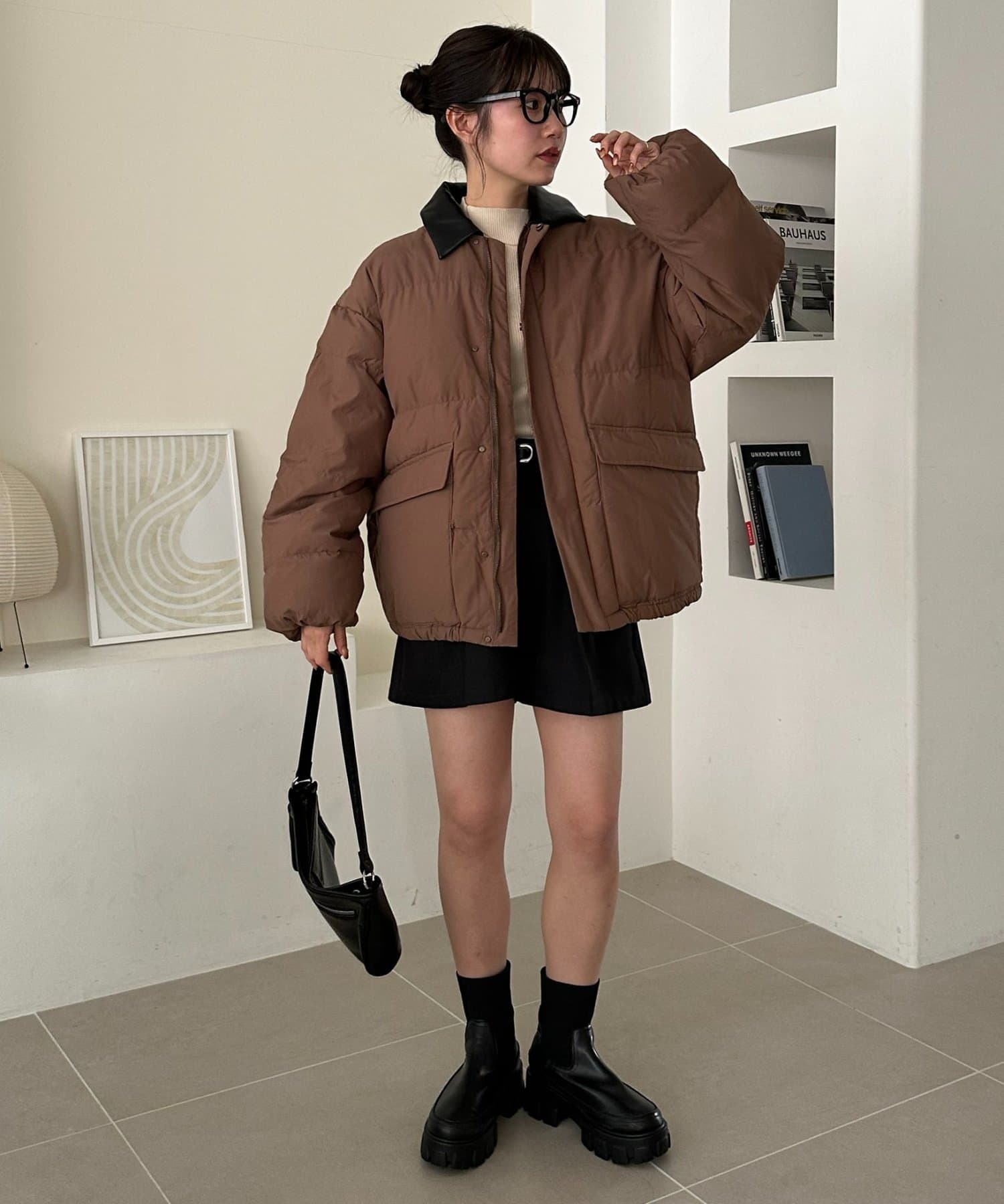 DISCOAT(ディスコート) 衿フェイクレザー中綿ブルゾン