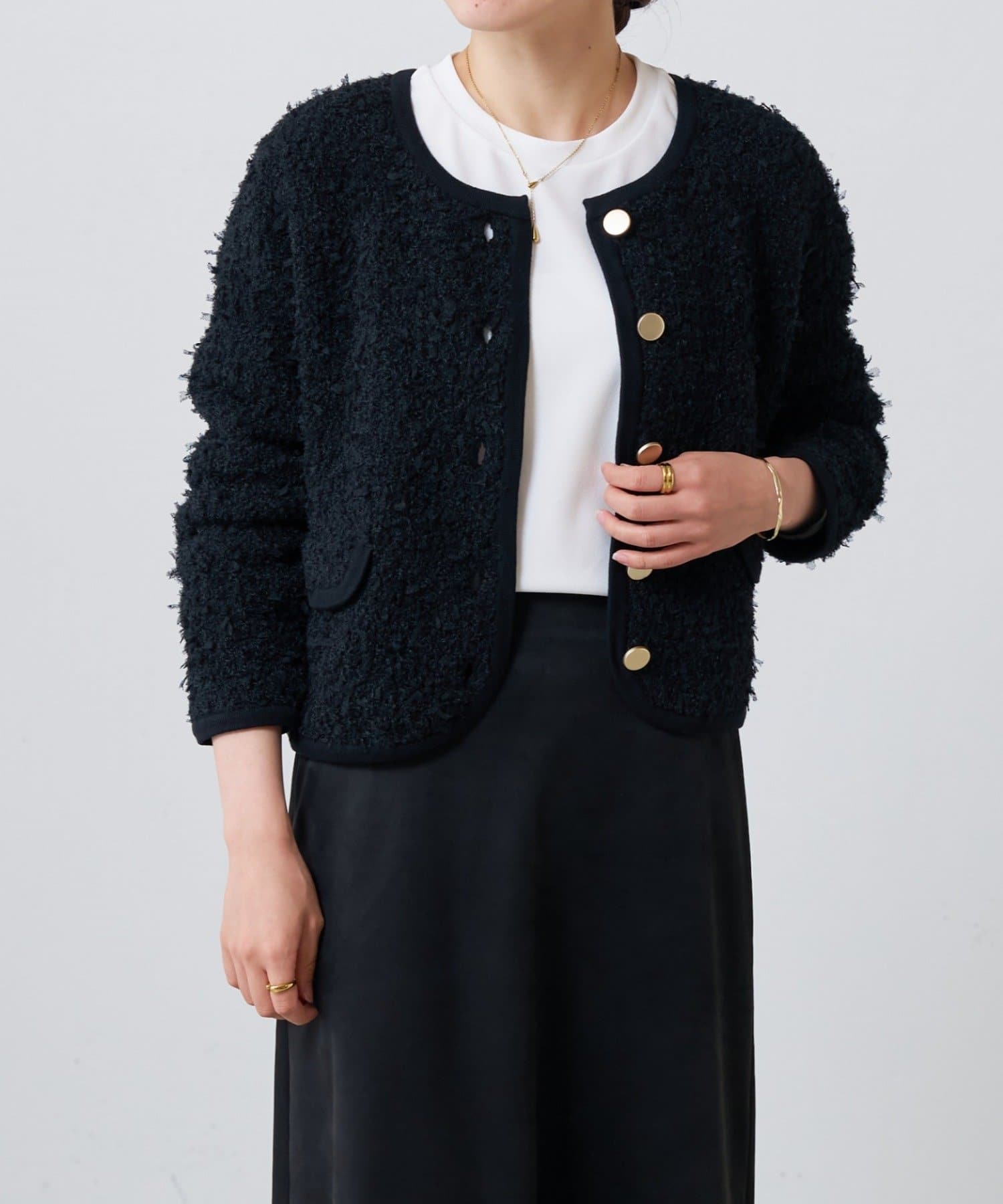 美品✳︎ビアズリー ZIPニットブルゾン 近年モデル ショートジャケット 黒 セール】ウールライク チンストラップ付 ショートブルゾン