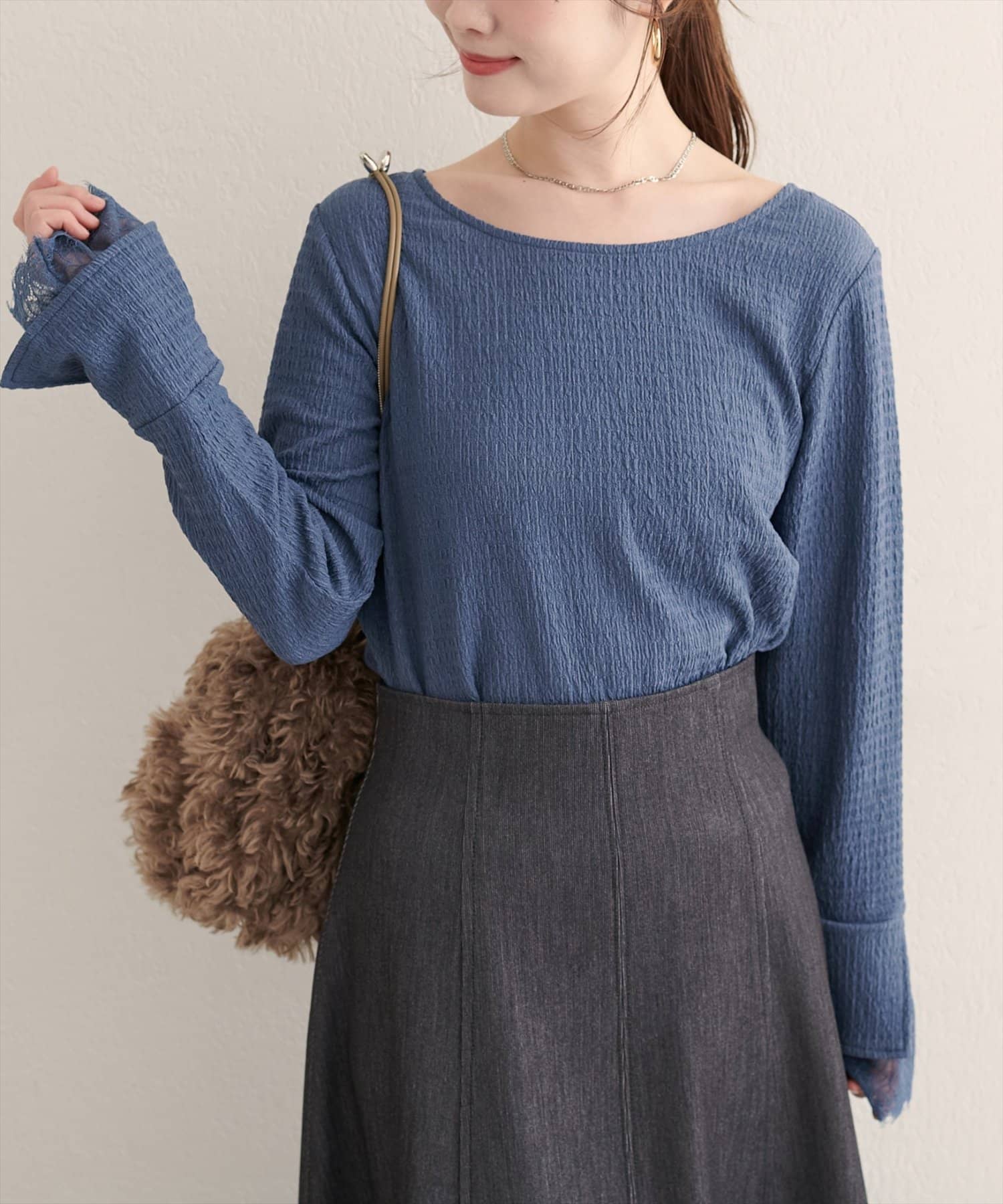 natural couture(ナチュラルクチュール) 【WEB限定】レース袖切り替えカットソー