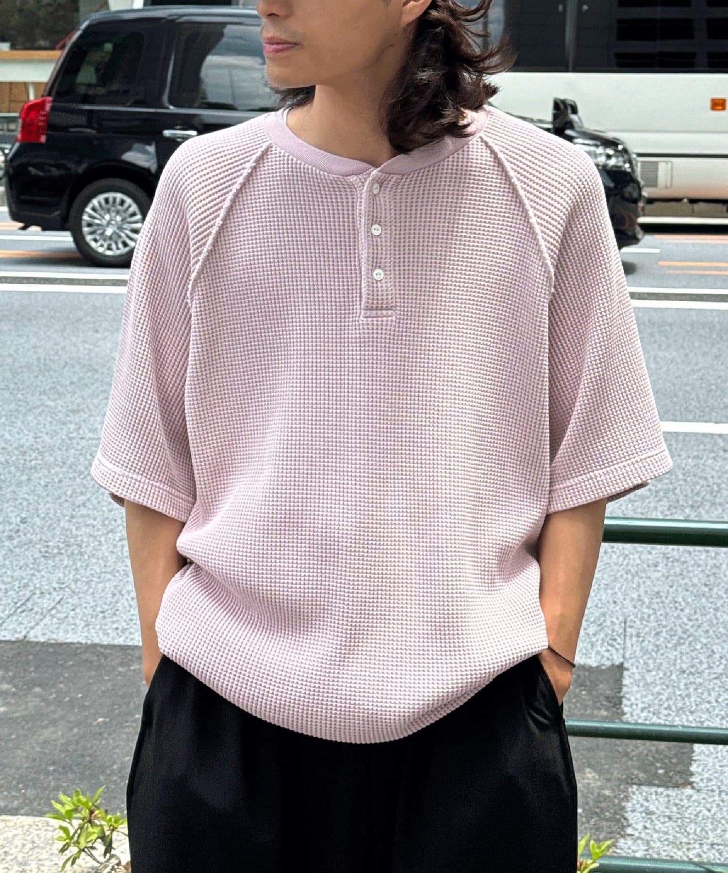 CIAOPANIC(チャオパニック) ピグメントワッフルヘンリーネックカットソー