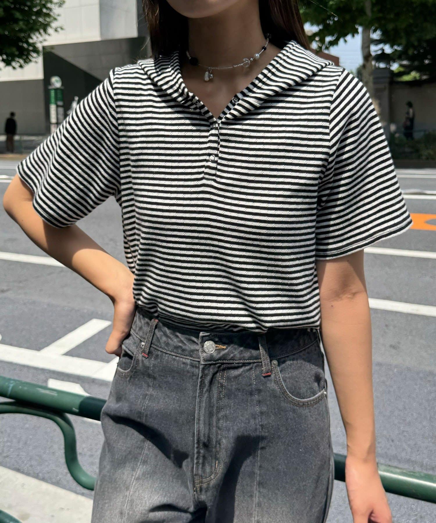 tシャツ ヘンリーネックボーダーフーディートップス レディース ヘンリーネックボーダーフーディートップス | CIAOPANIC(チャオ