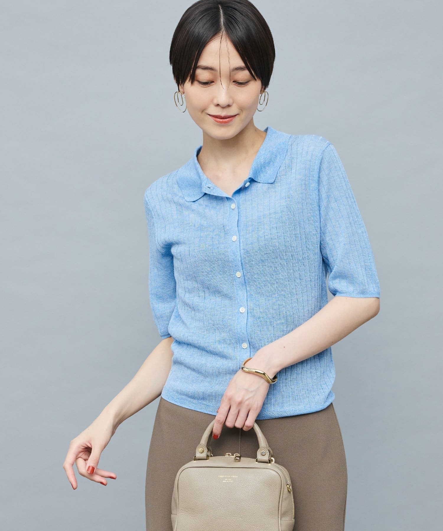 NOLLEY'S(ノーリーズ) 《手洗い可能》ワイドリブシアーポロ衿カーディガン