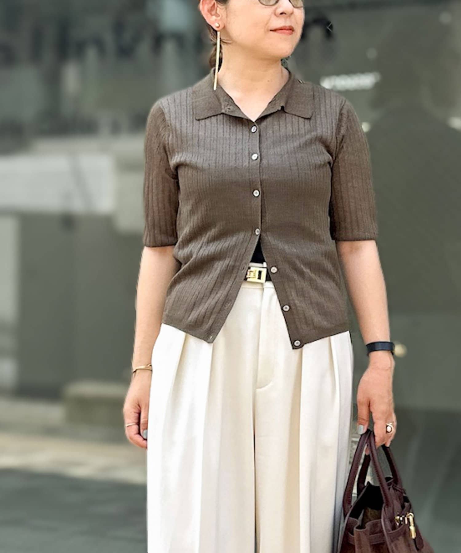 NOLLEY'S(ノーリーズ) 《手洗い可能》ワイドリブシアーポロ衿カーディガン