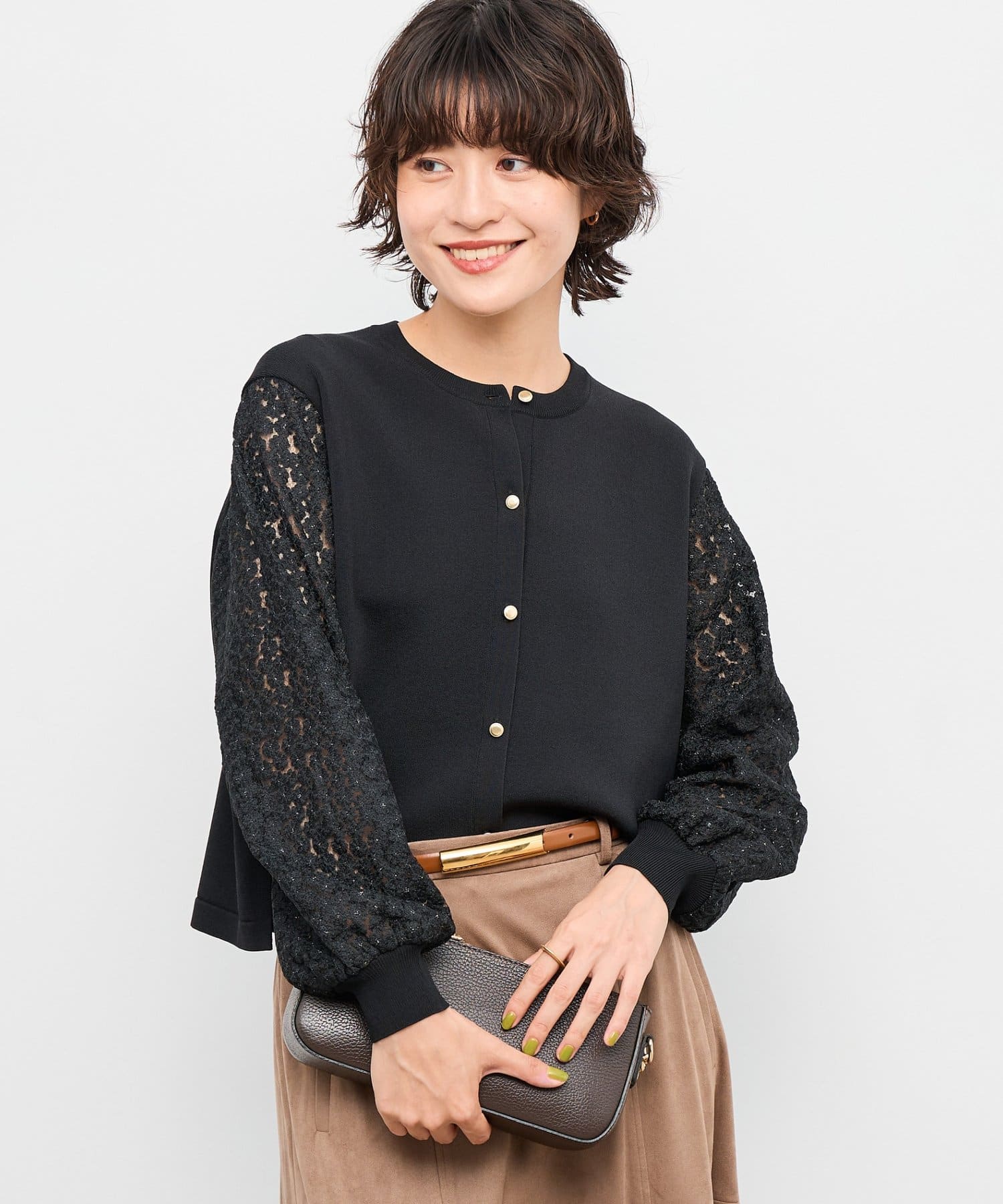 NOLLEY'S(ノーリーズ) 《手洗い可能》フラワー刺繍生地袖クルーネックカーディガン